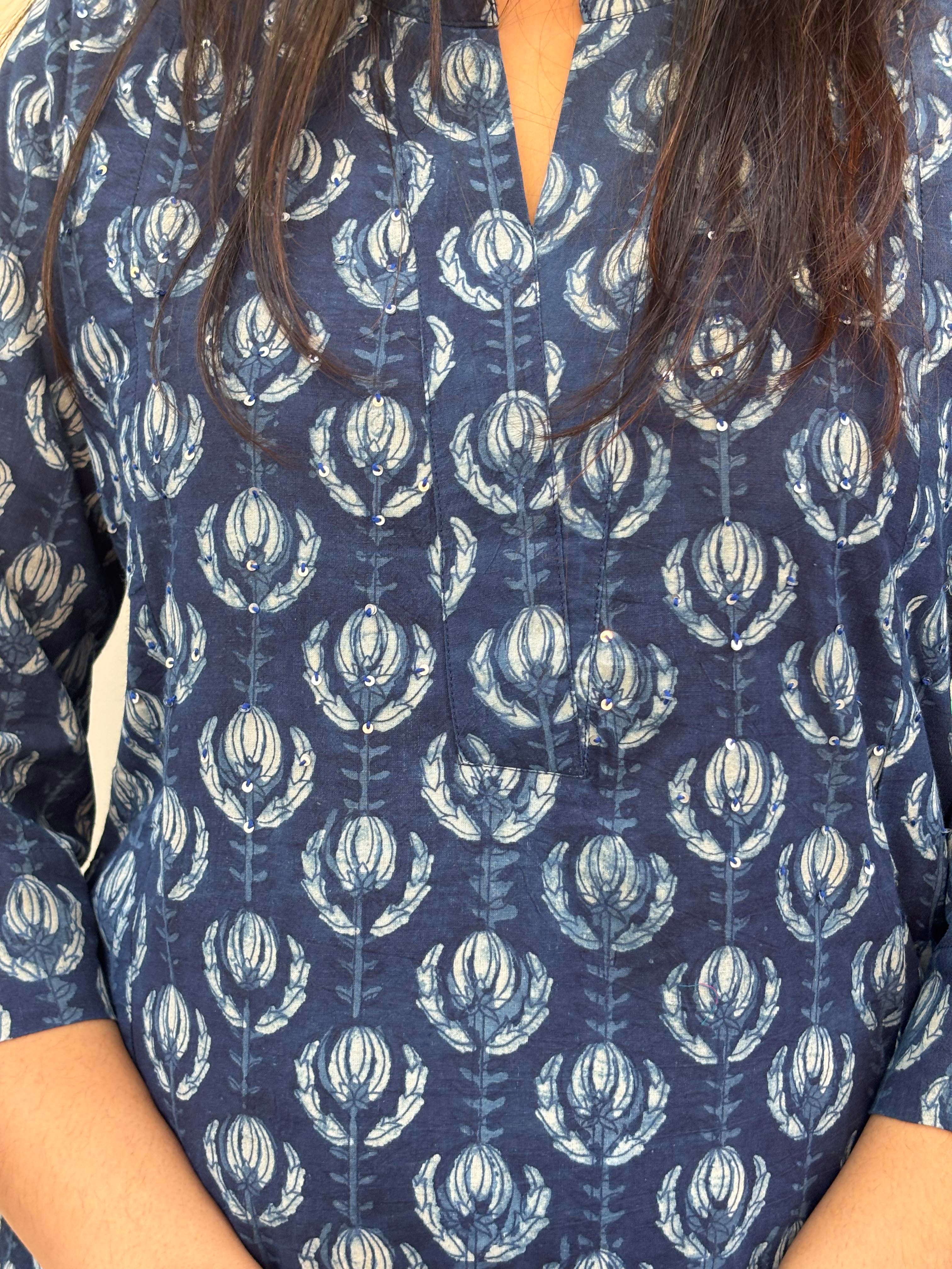 Jinal Indigo Hand Block Print Cotton Straight Kurta