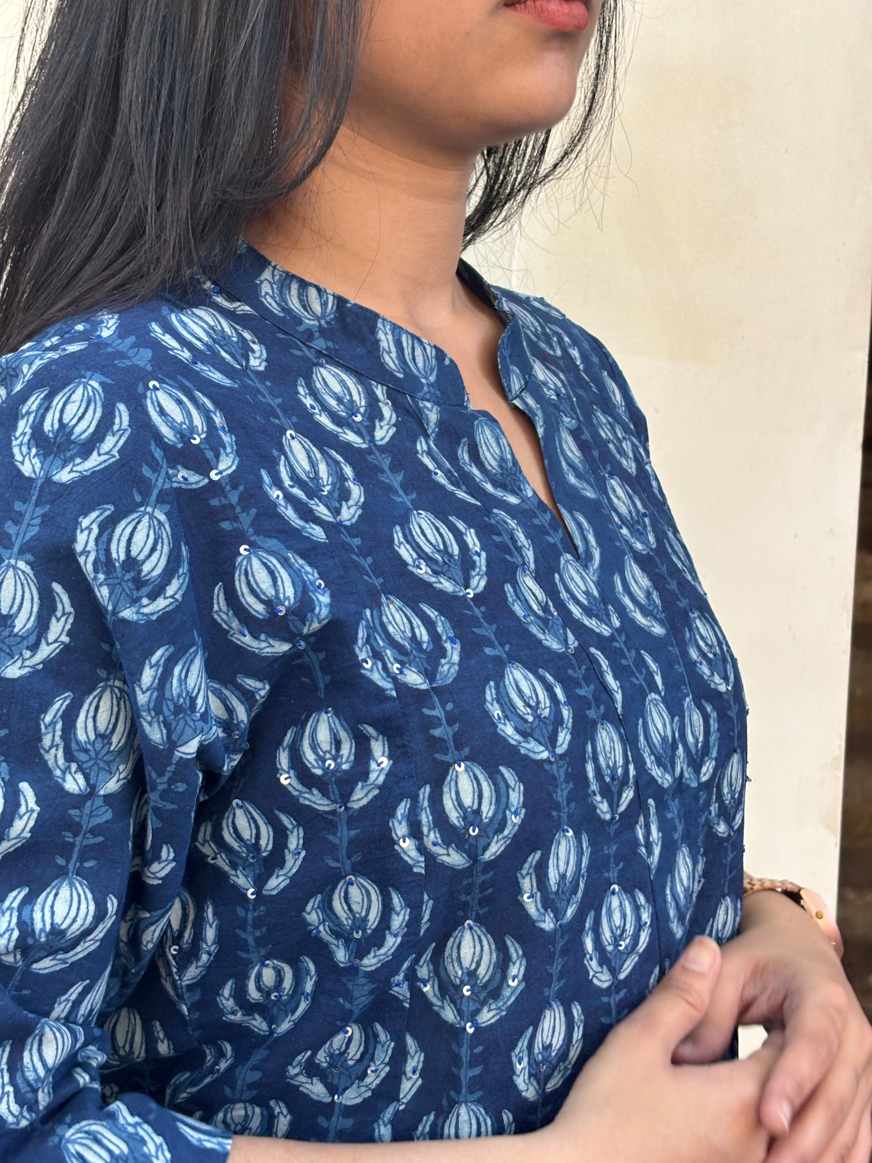 Jinal Indigo Hand Block Print Cotton Straight Kurta