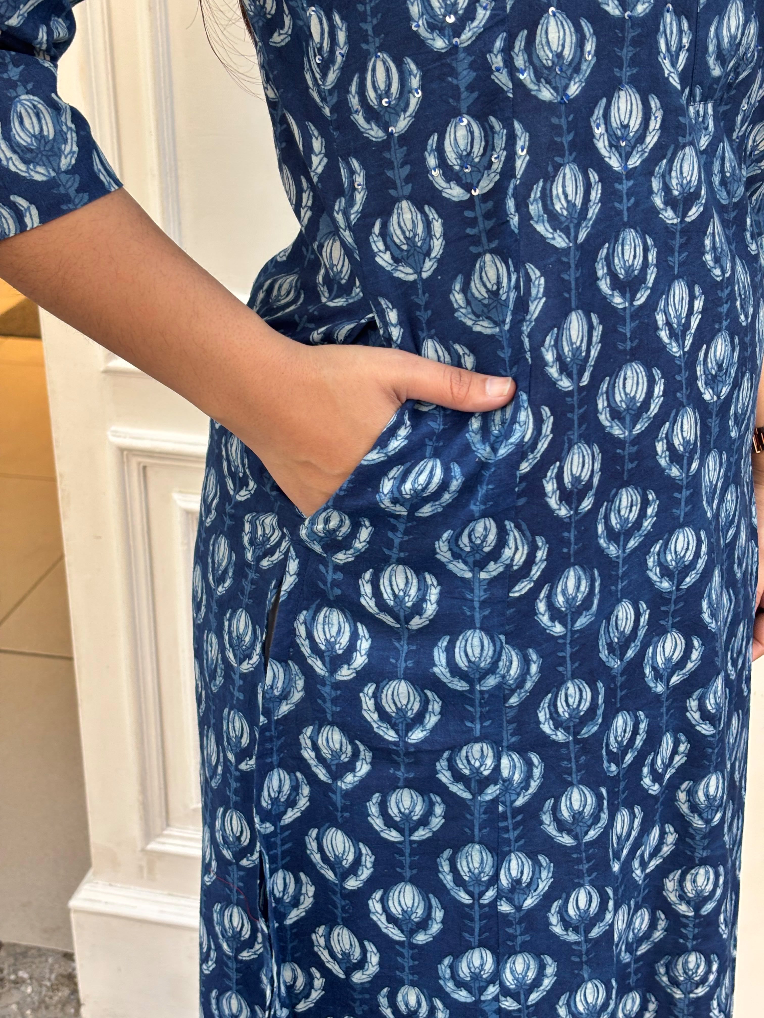 Jinal Indigo Hand Block Print Cotton Straight Kurta