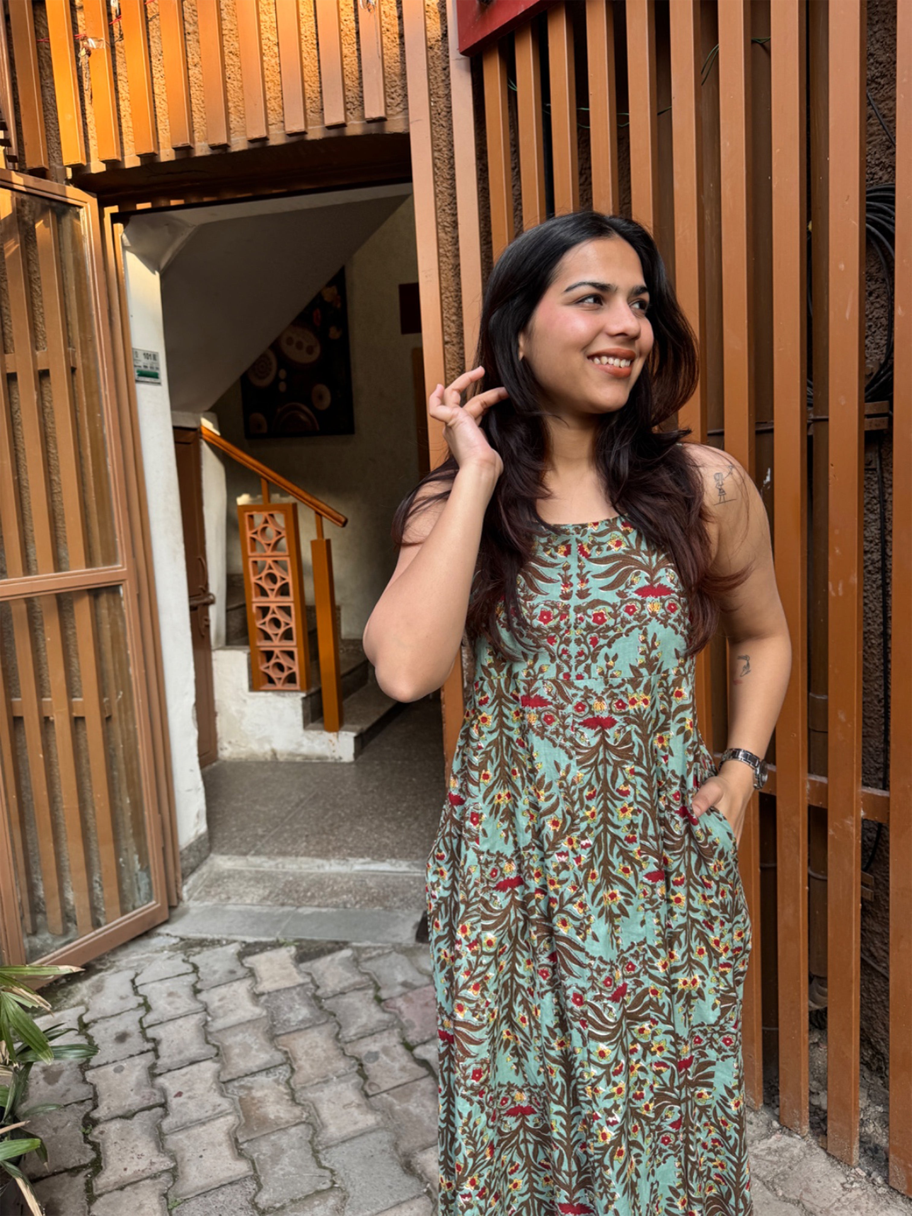 Mehraab Hand Block Print Cotton Spaghetti Dress