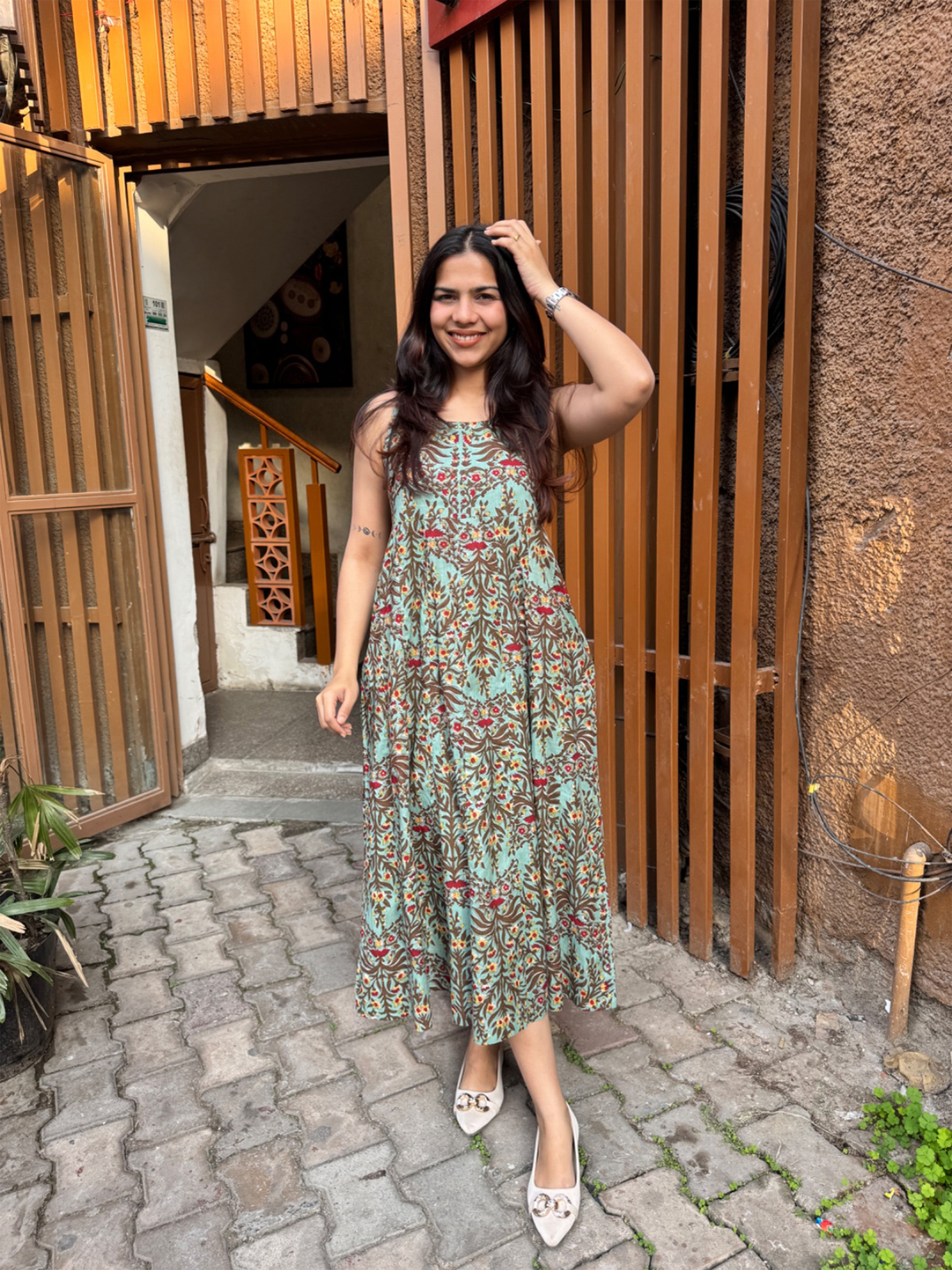 Mehraab Hand Block Print Cotton Spaghetti Dress