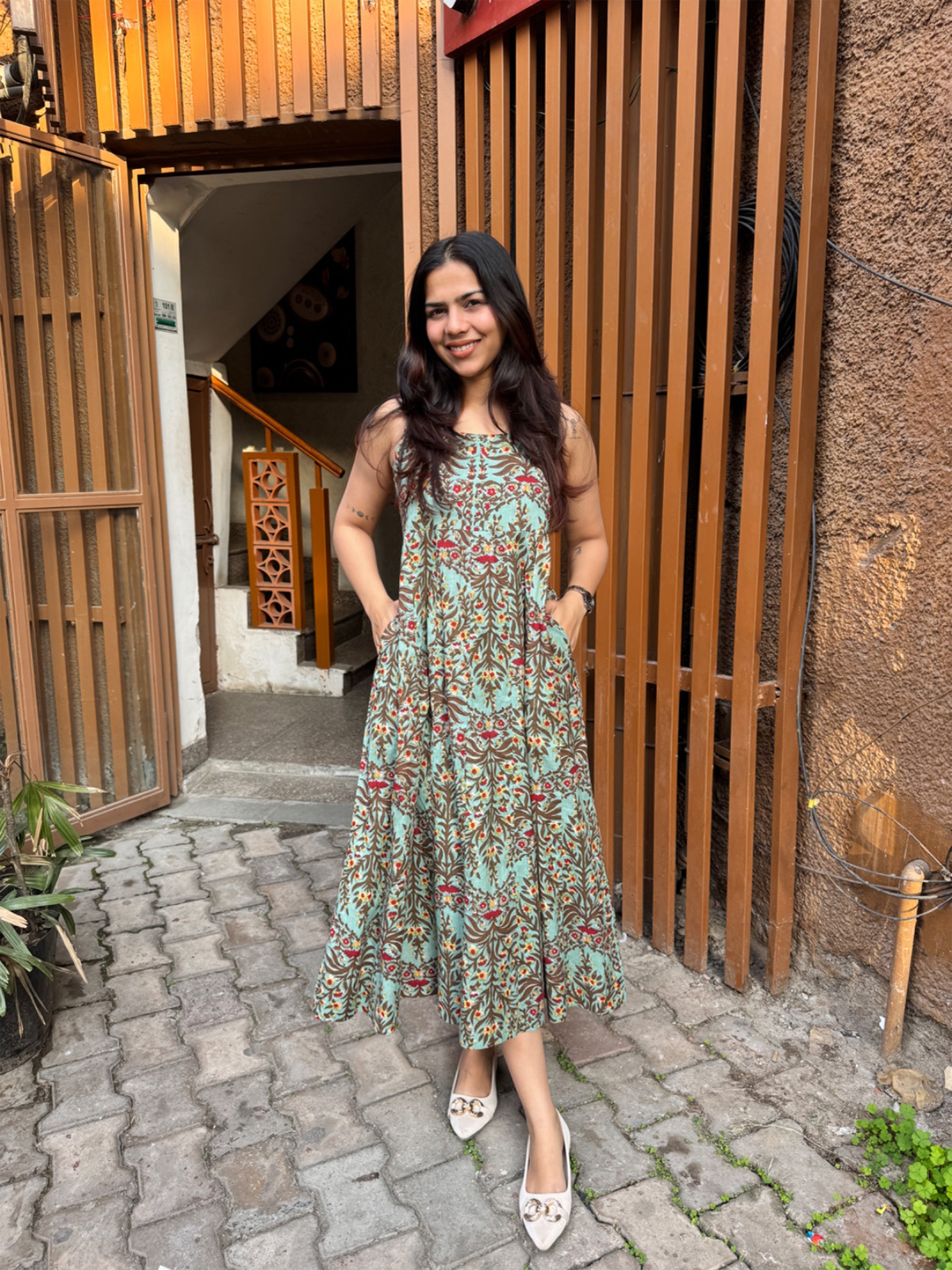 Mehraab Hand Block Print Cotton Spaghetti Dress