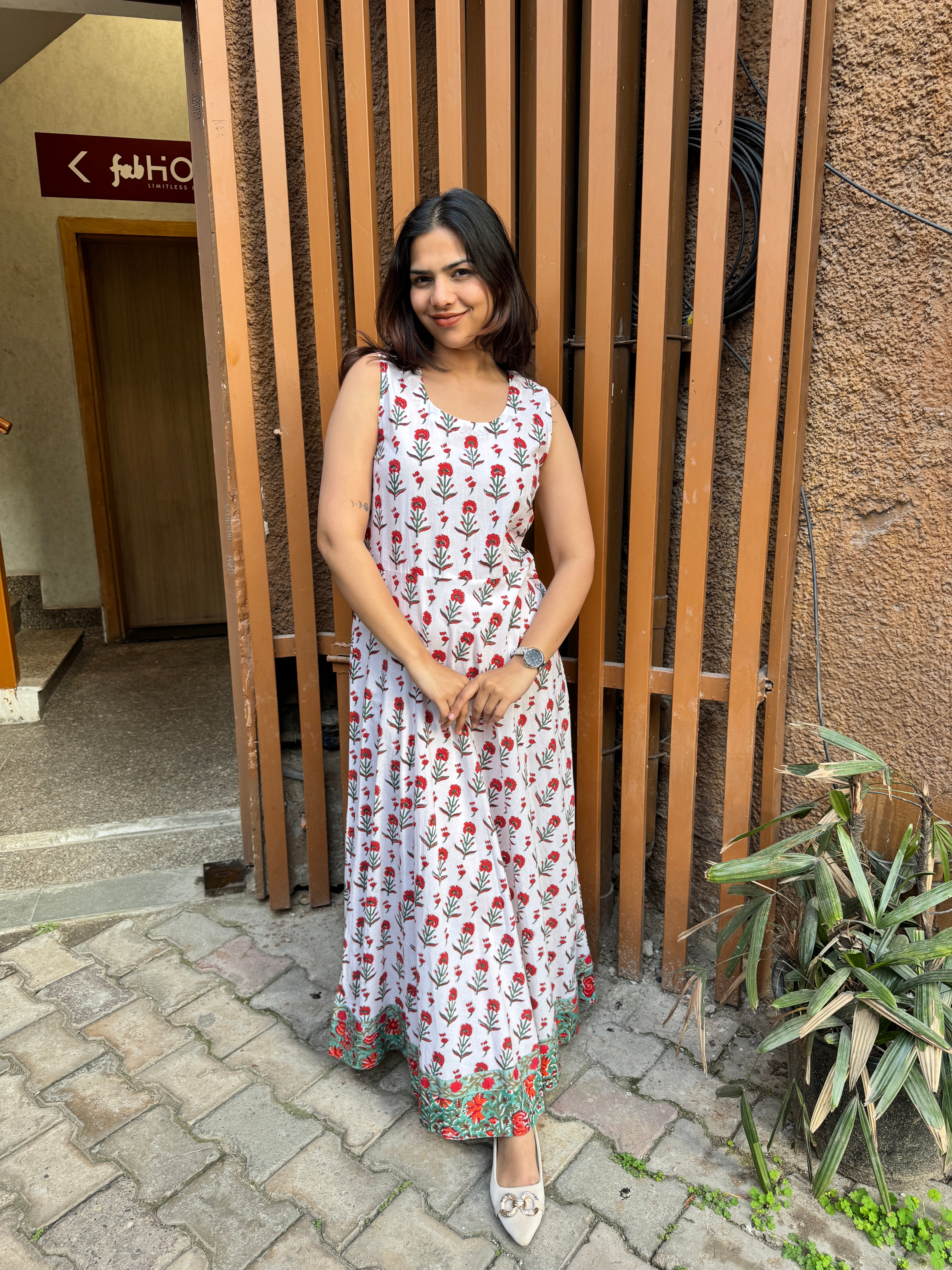 Adhira Hand Block Print Cotton Long Double Layer Dress