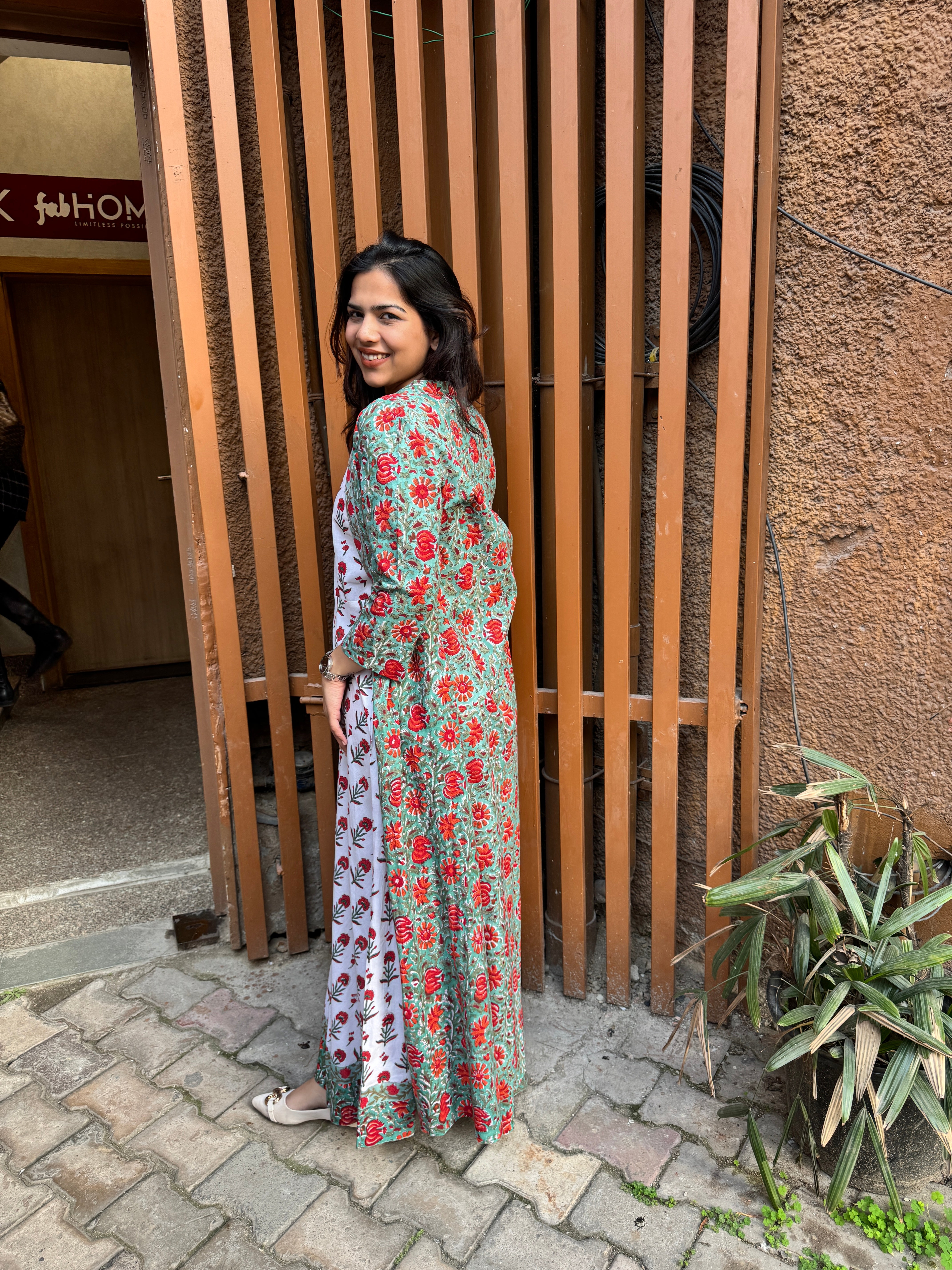 Adhira Hand Block Print Cotton Long Double Layer Dress