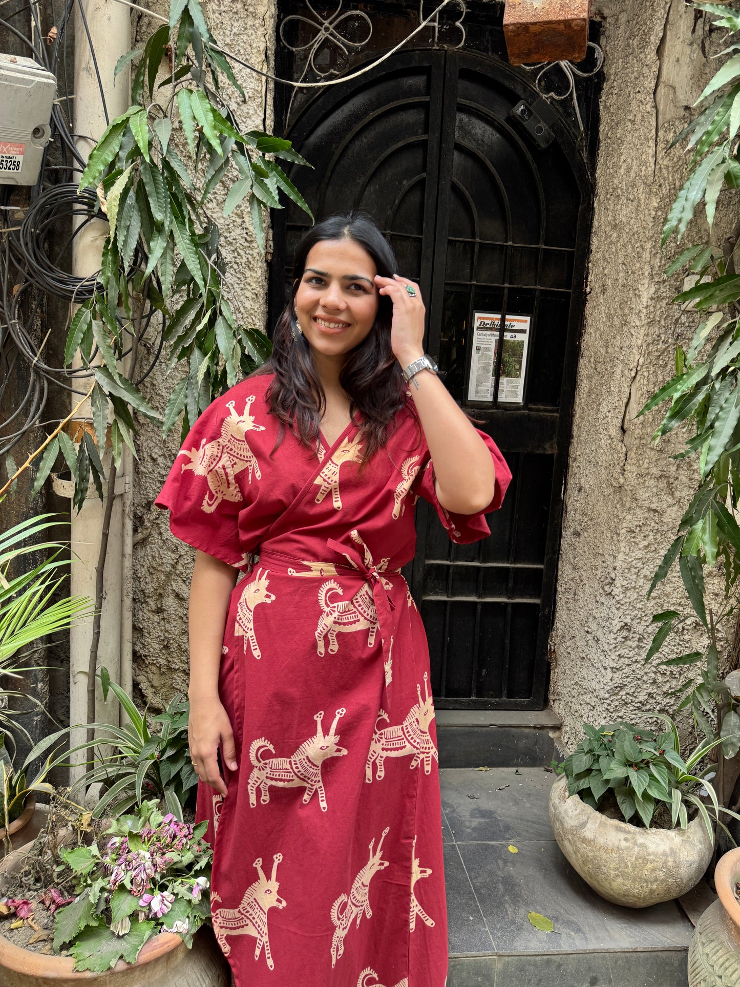 Vahini Hand Block Print Cotton Poplin Wrap Around Dress