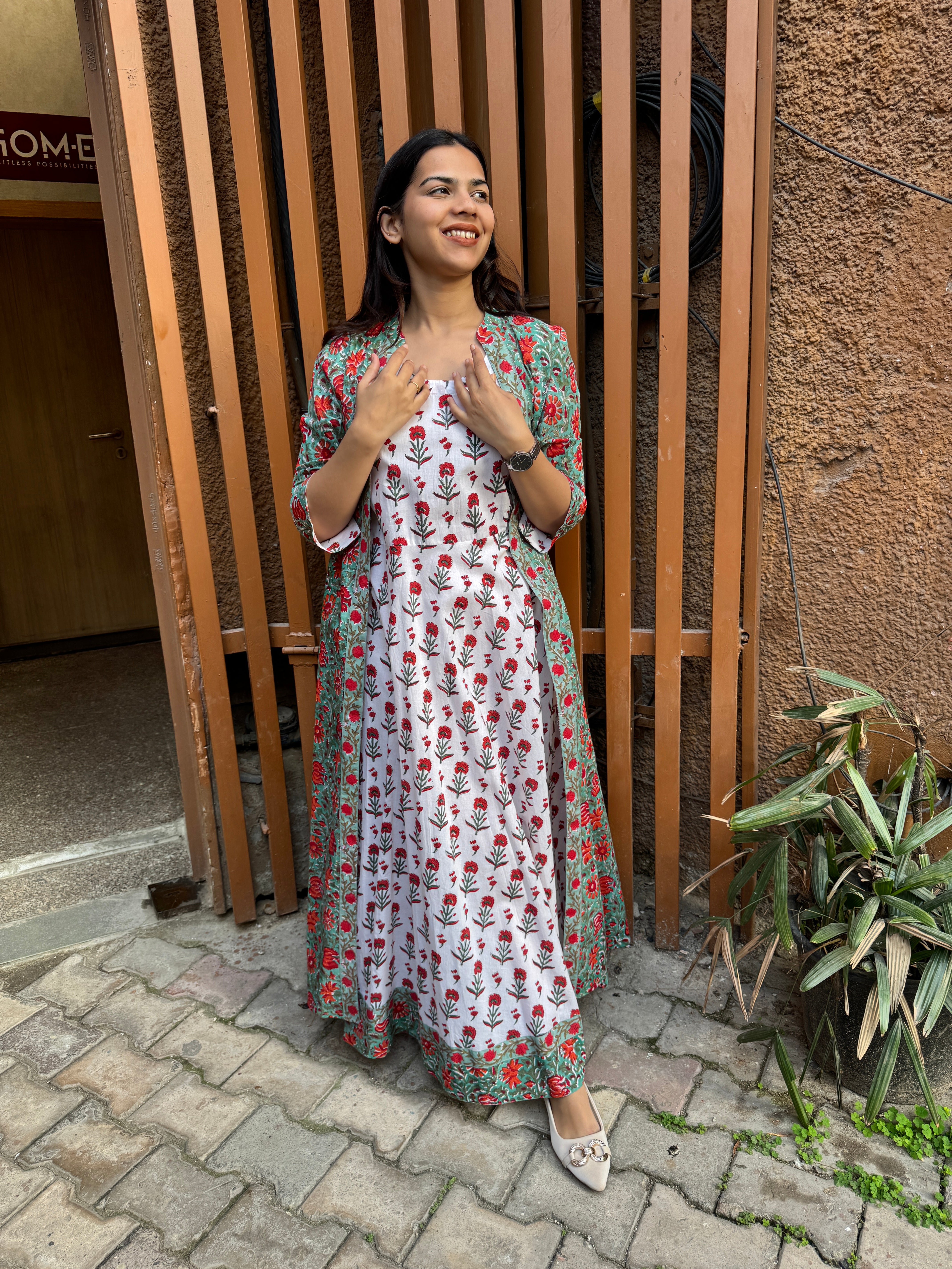 Adhira Hand Block Print Cotton Long Double Layer Dress