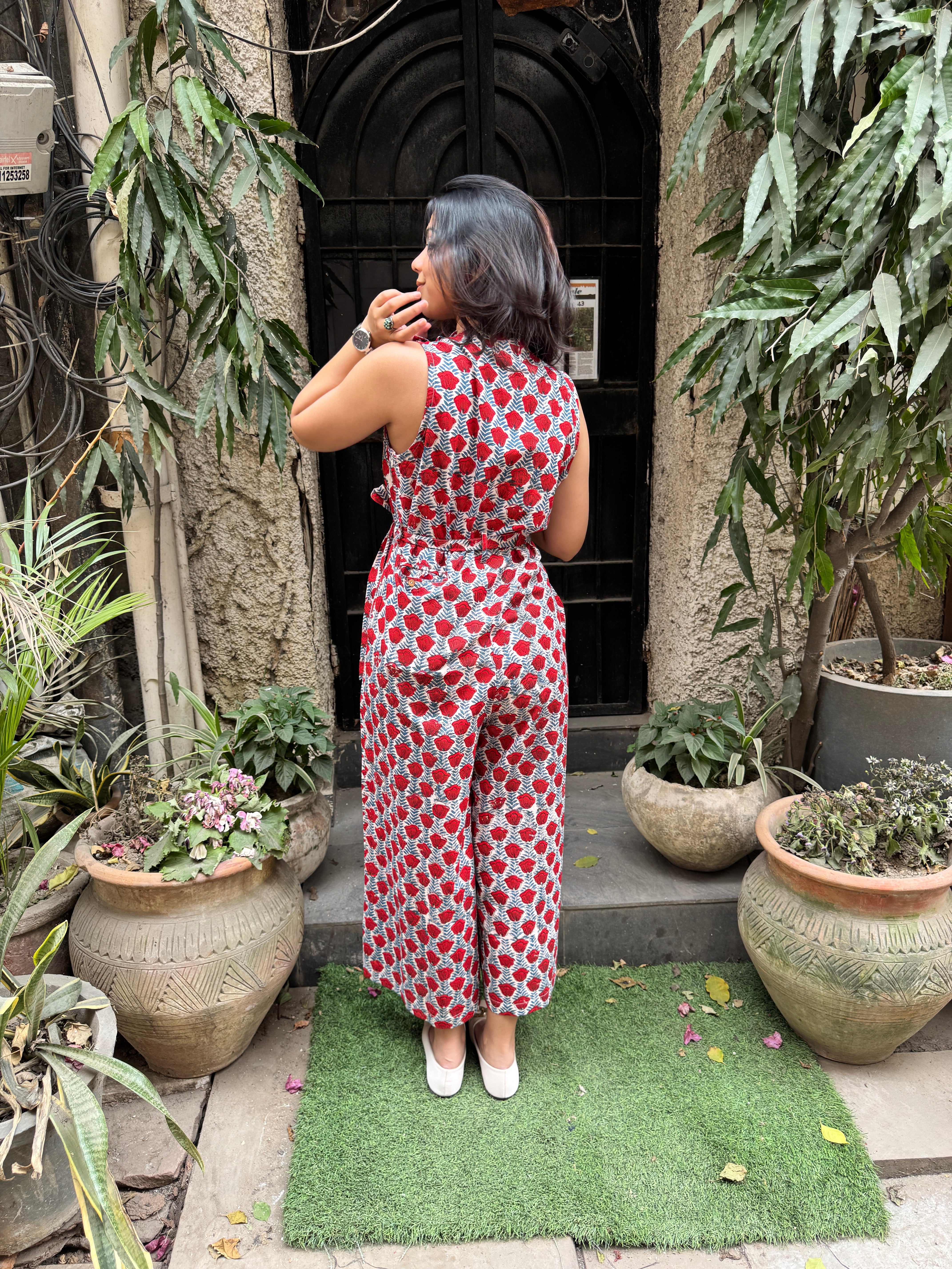 Anka Hand Block Print Cotton Sleeveless Jumpsuit