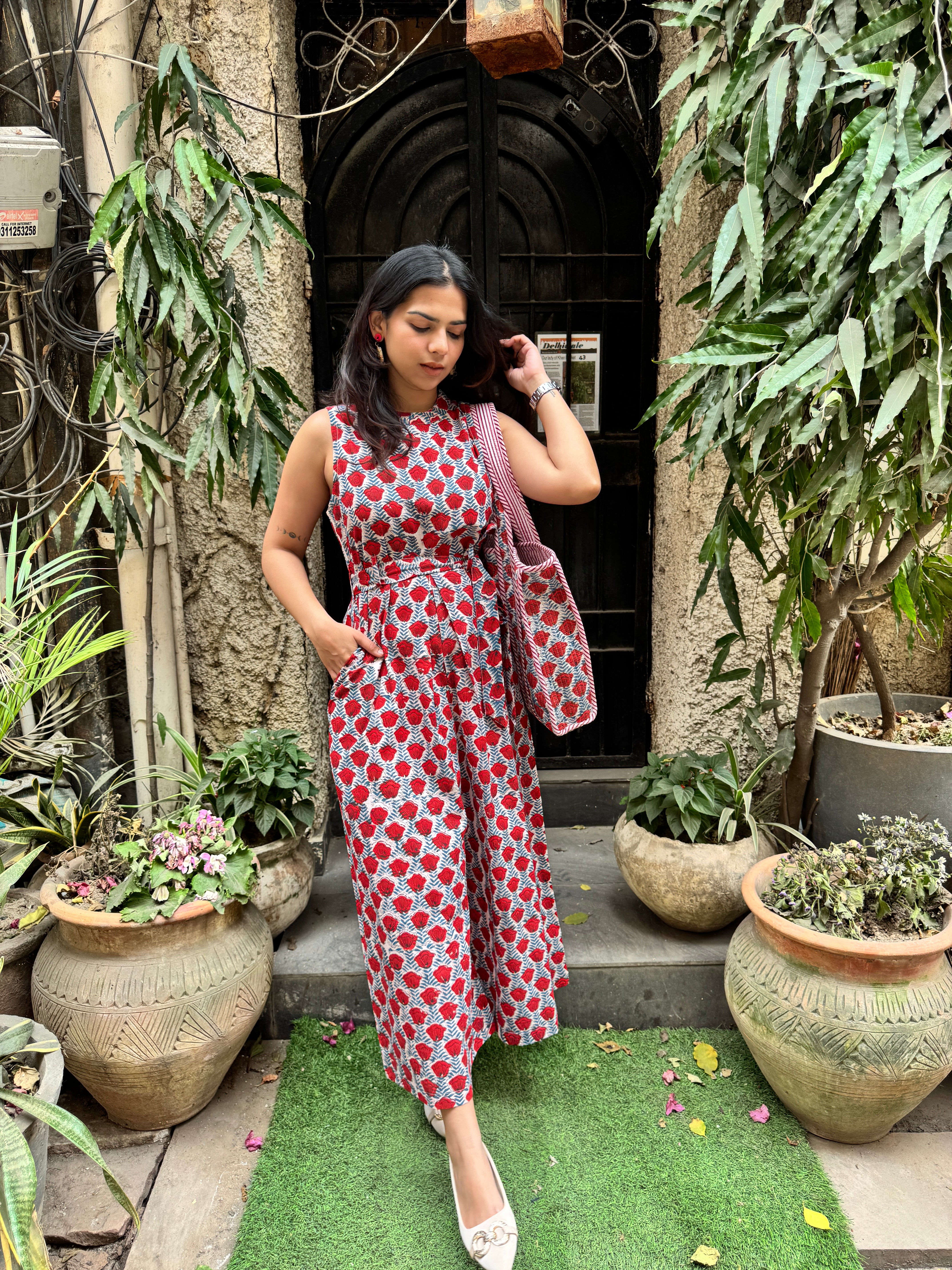 Anka Hand Block Print Cotton Sleeveless Jumpsuit