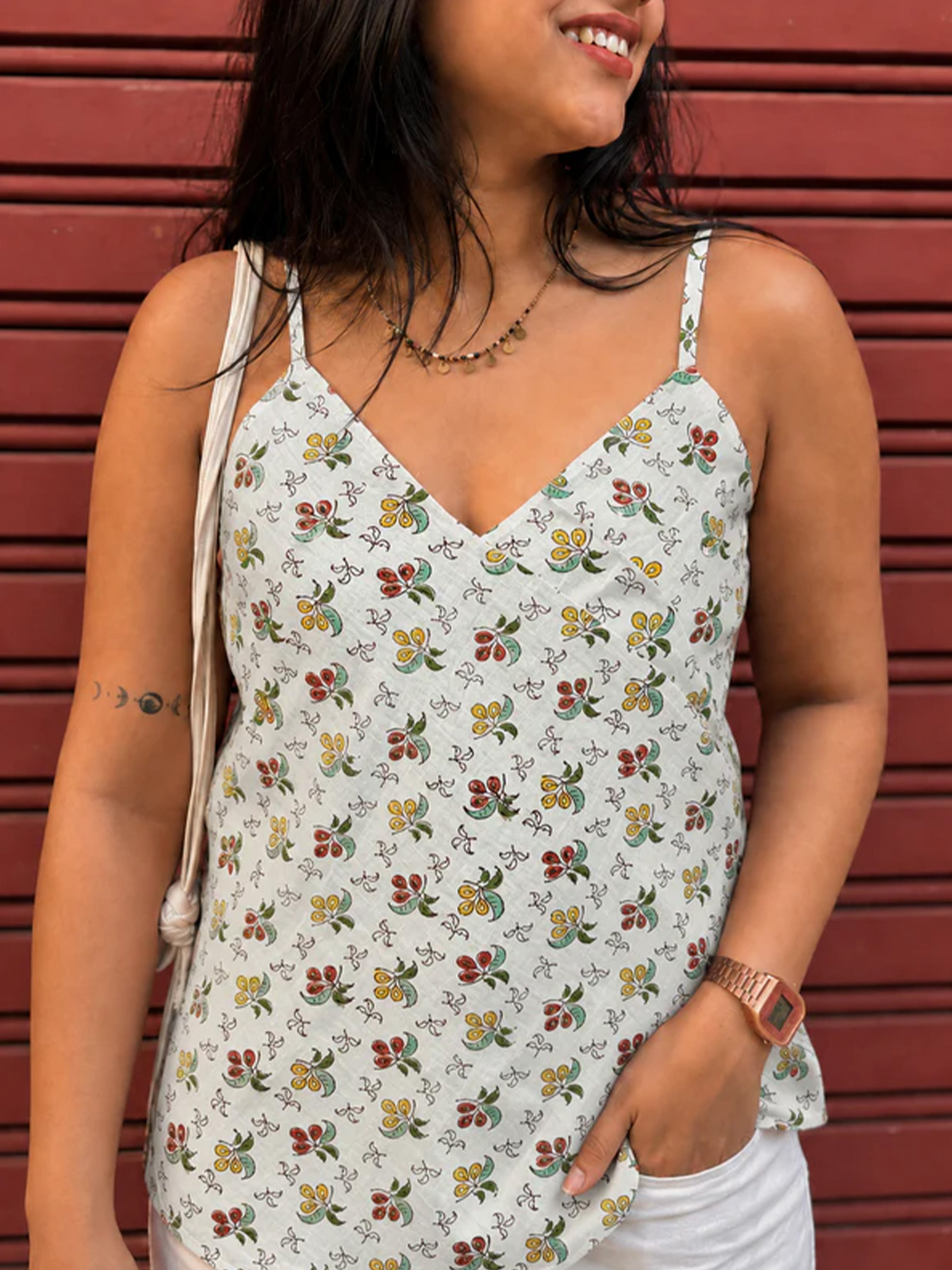 Kamya Hand Block Print Cotton Spaghetti Top