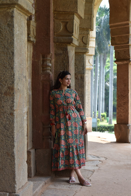 Vanika Block Print Cotton Long A-Line Dress