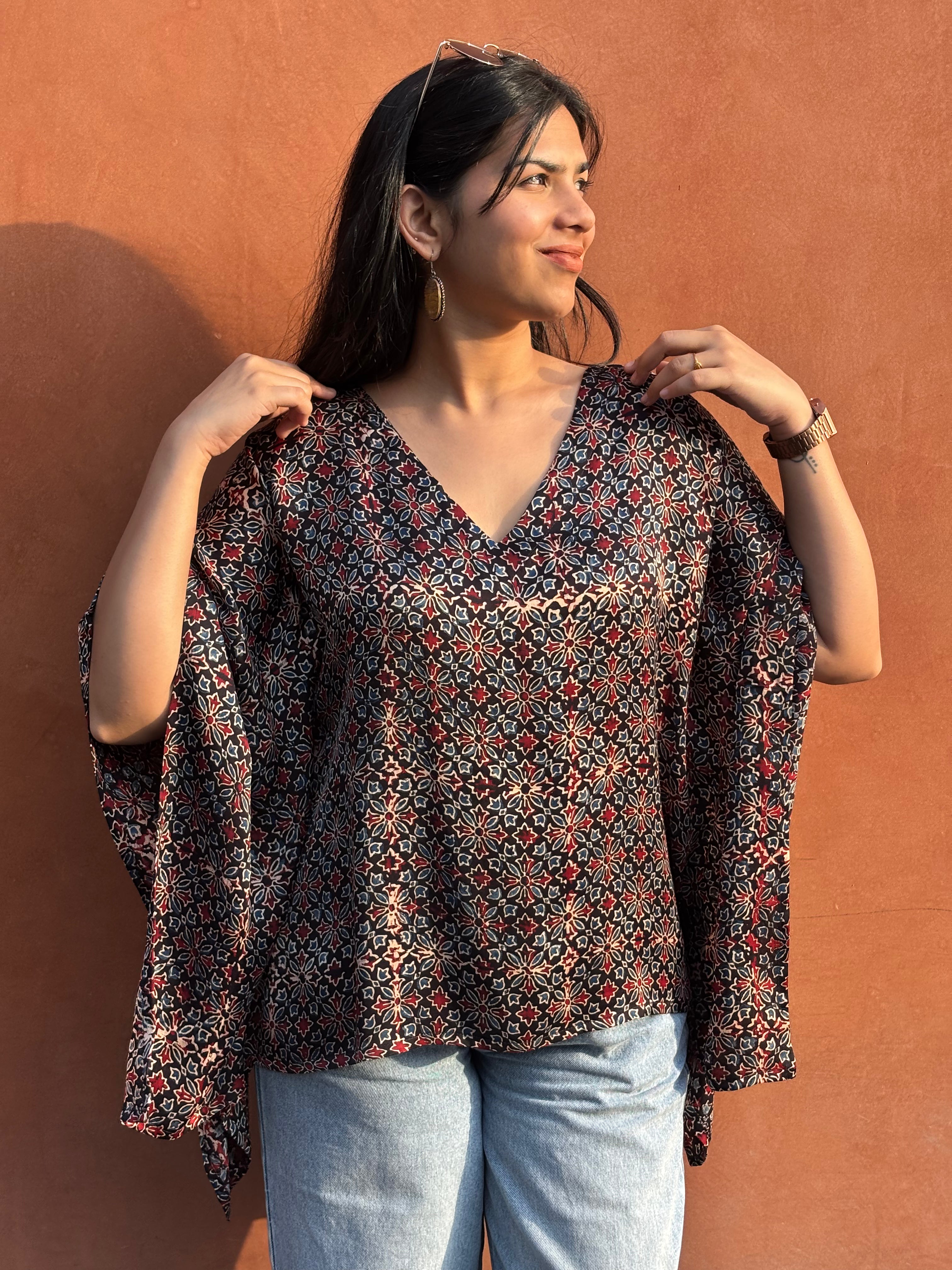 Nysa Ajrakh Hand Block Print Modal Silk Kaftan Top