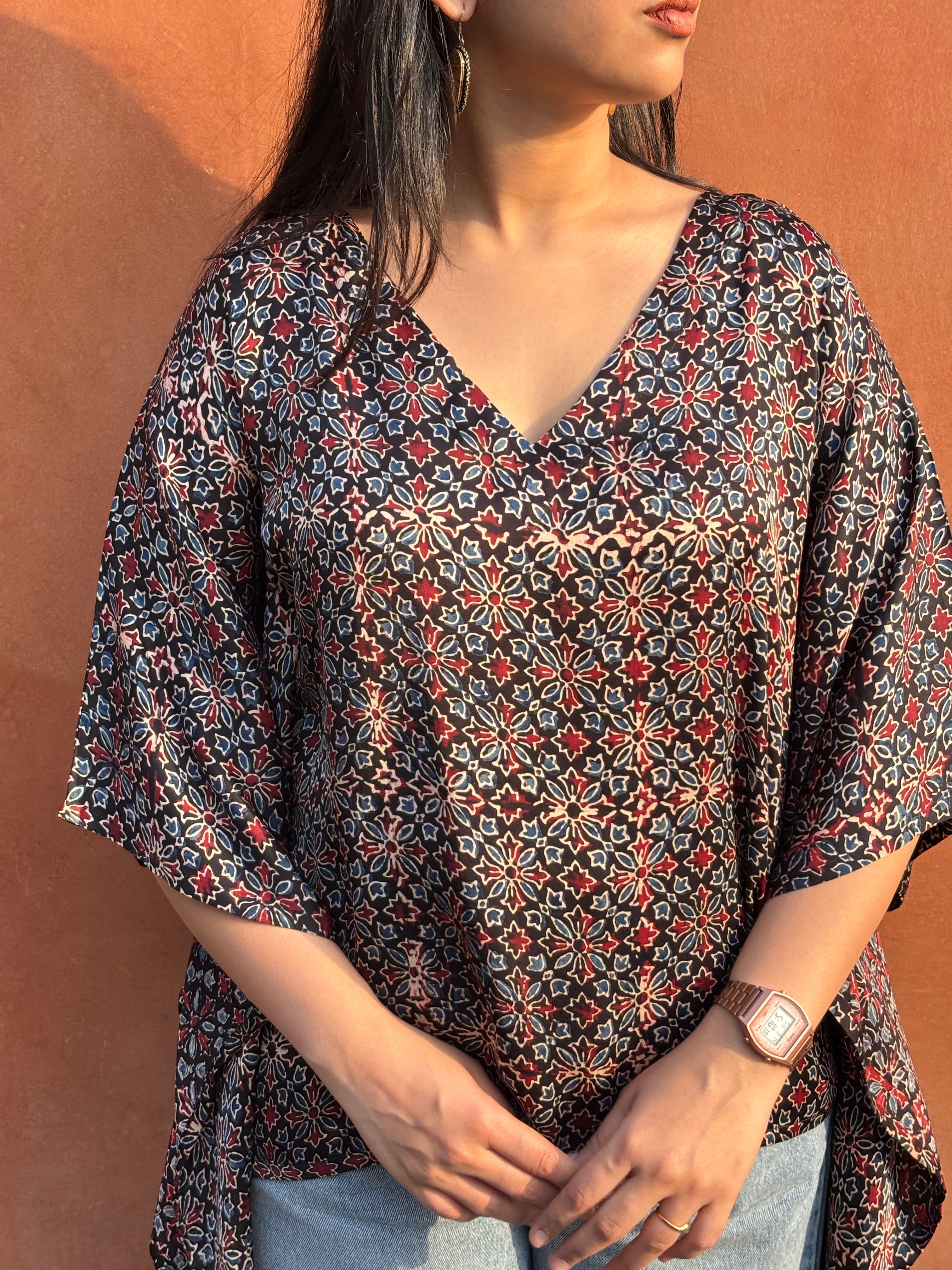 Nysa Ajrakh Hand Block Print Modal Silk Kaftan Top