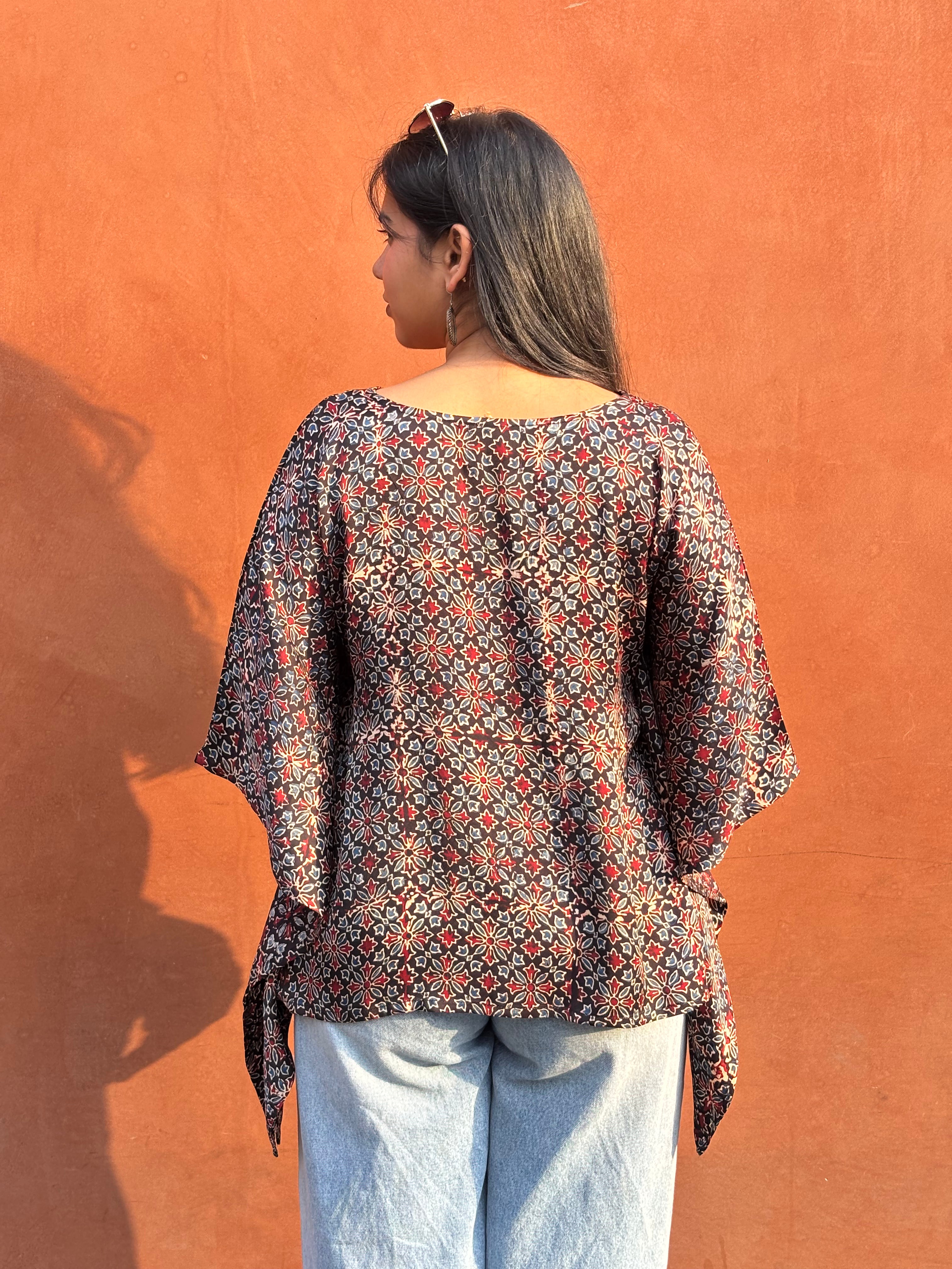 Nysa Ajrakh Hand Block Print Modal Silk Kaftan Top