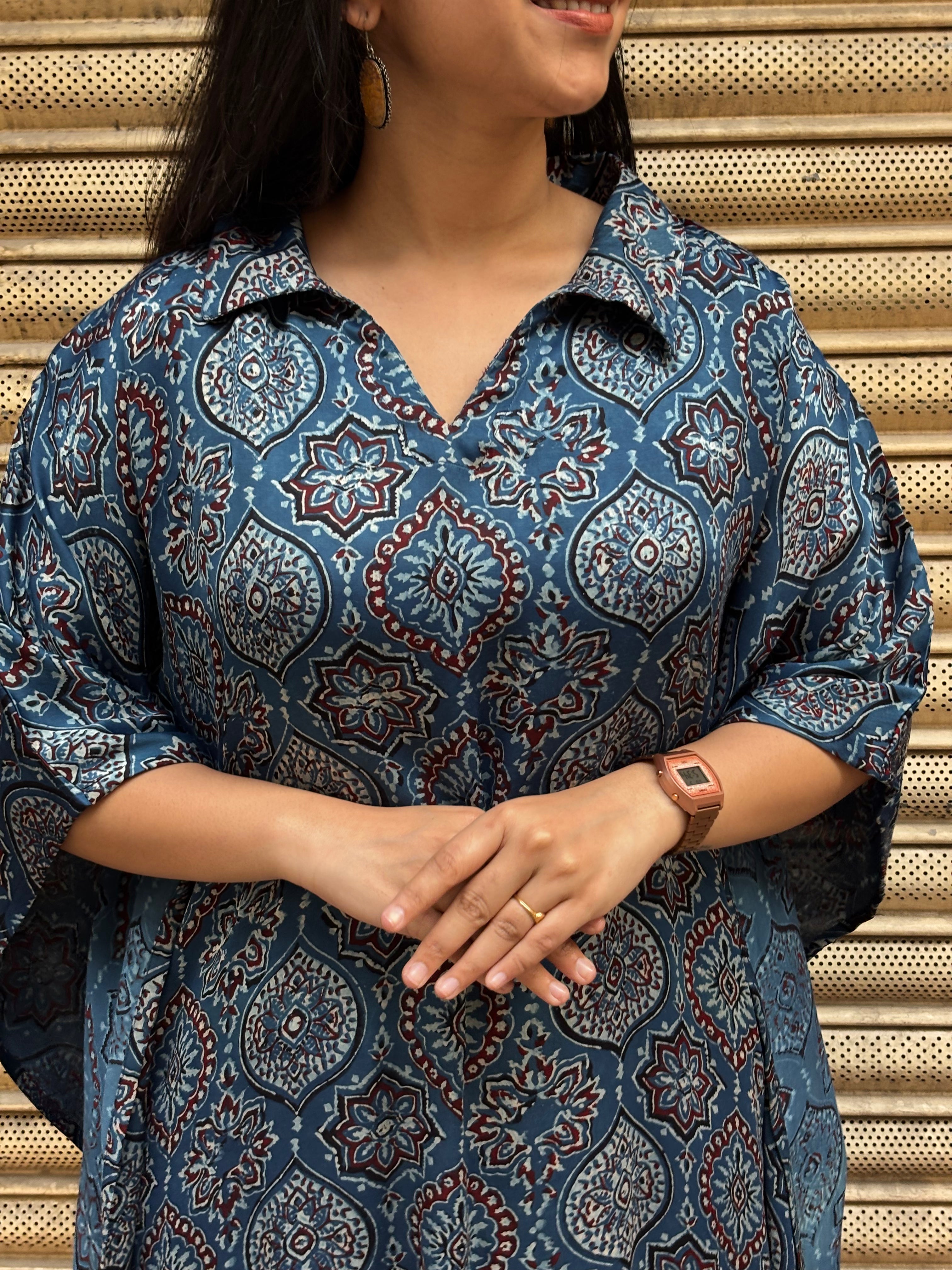 Naila Ajrakh Hand Block Print Modal Silk Long Kaftan