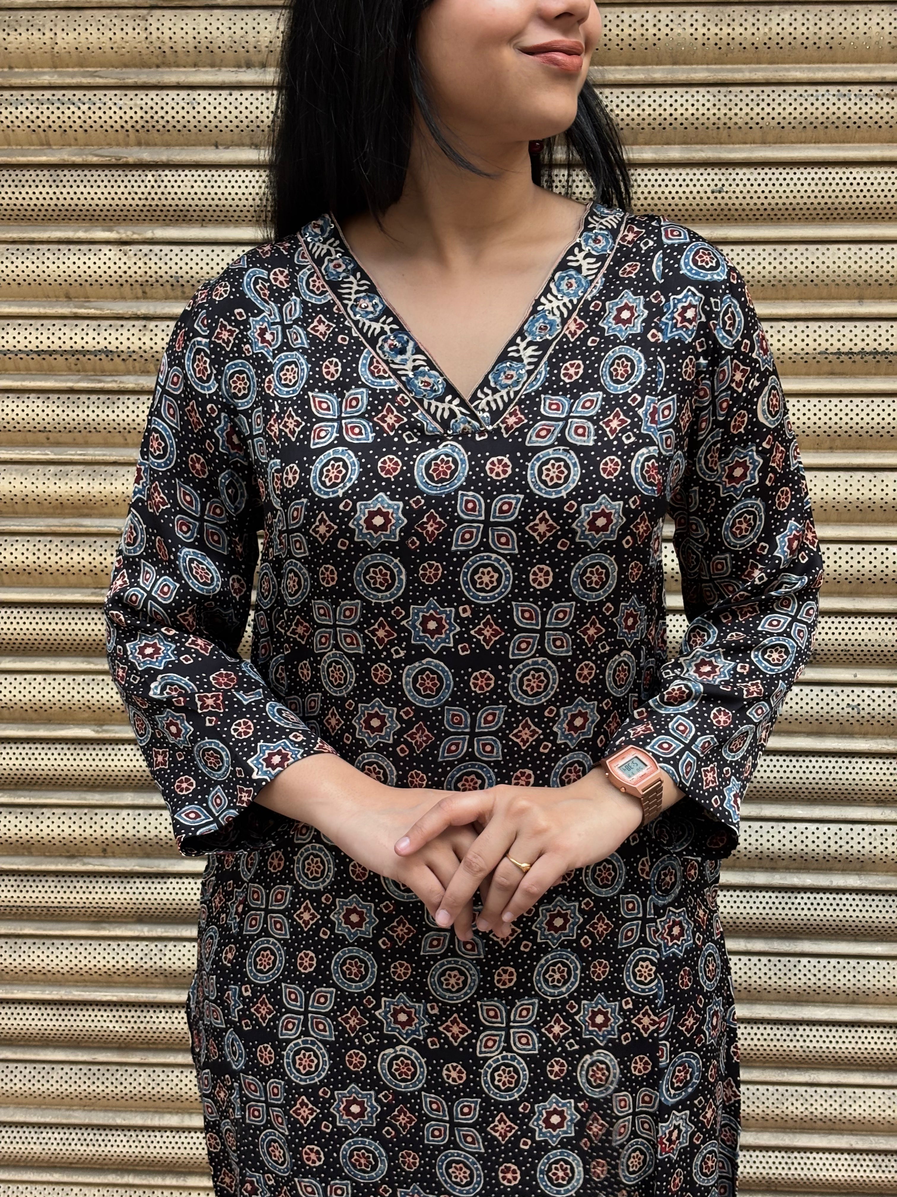 Zaria Ajrakh Hand Block Print Cotton Silk Kurta