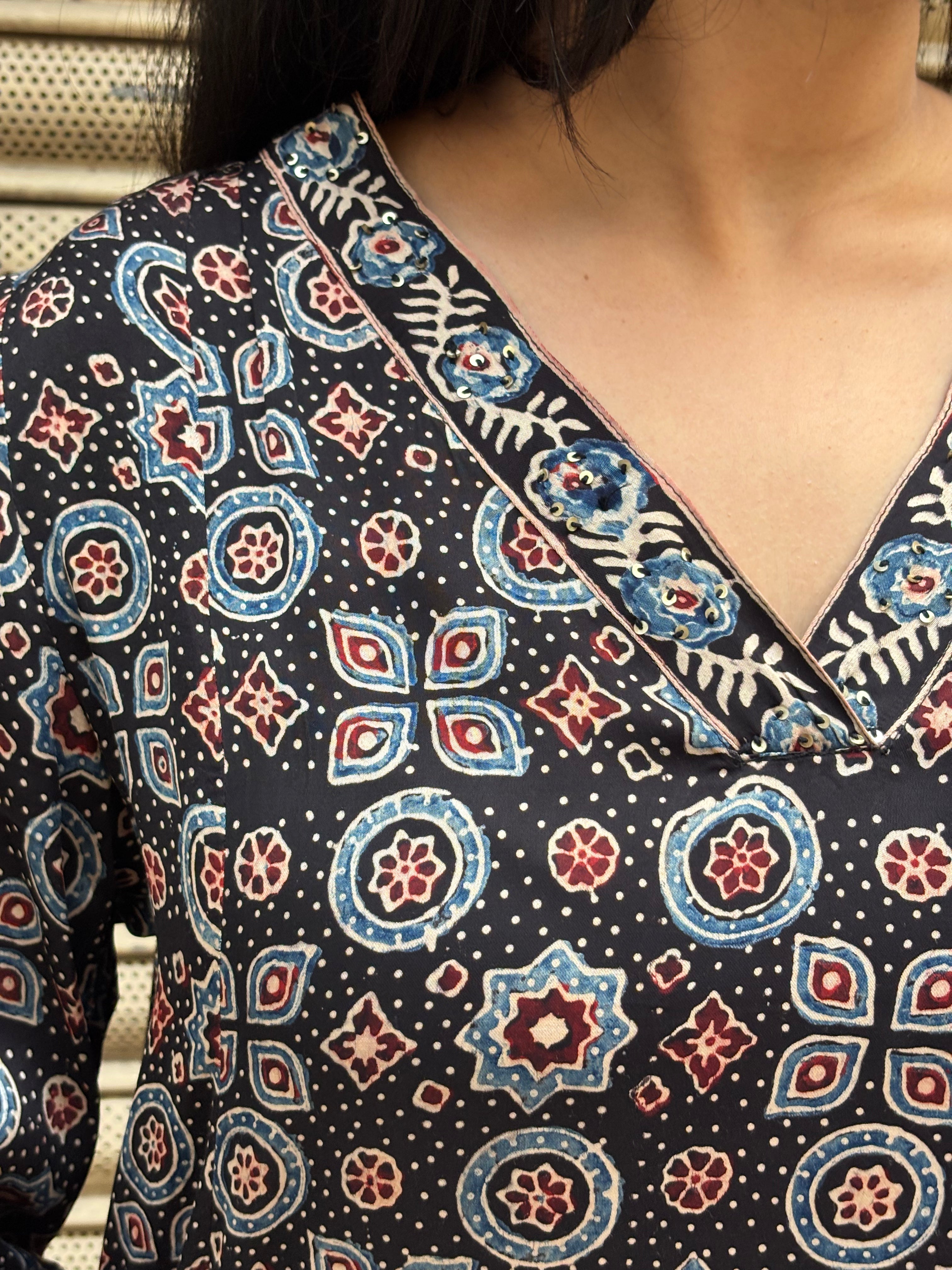 Zaria Ajrakh Hand Block Print Cotton Silk Kurta