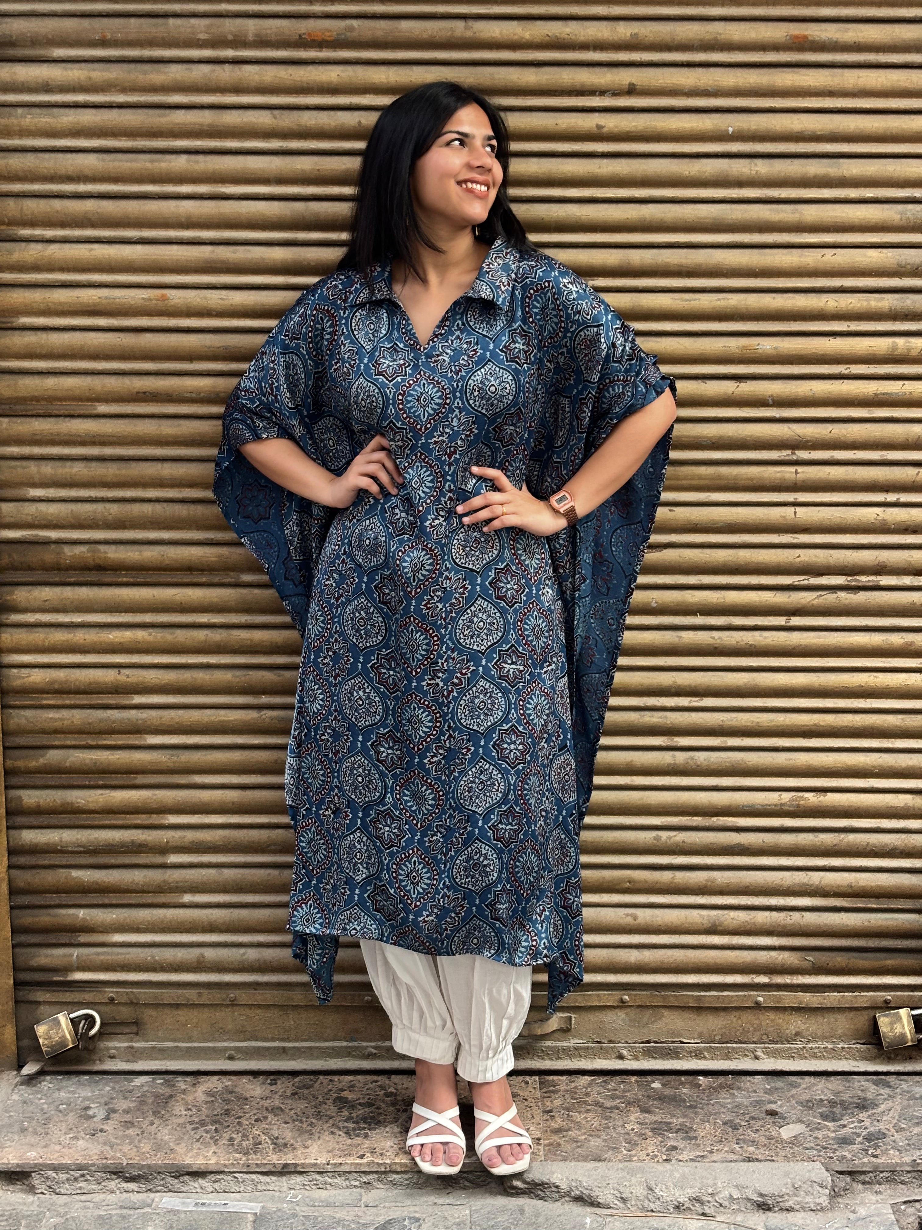 Naila Ajrakh Hand Block Print Modal Silk Long Kaftan