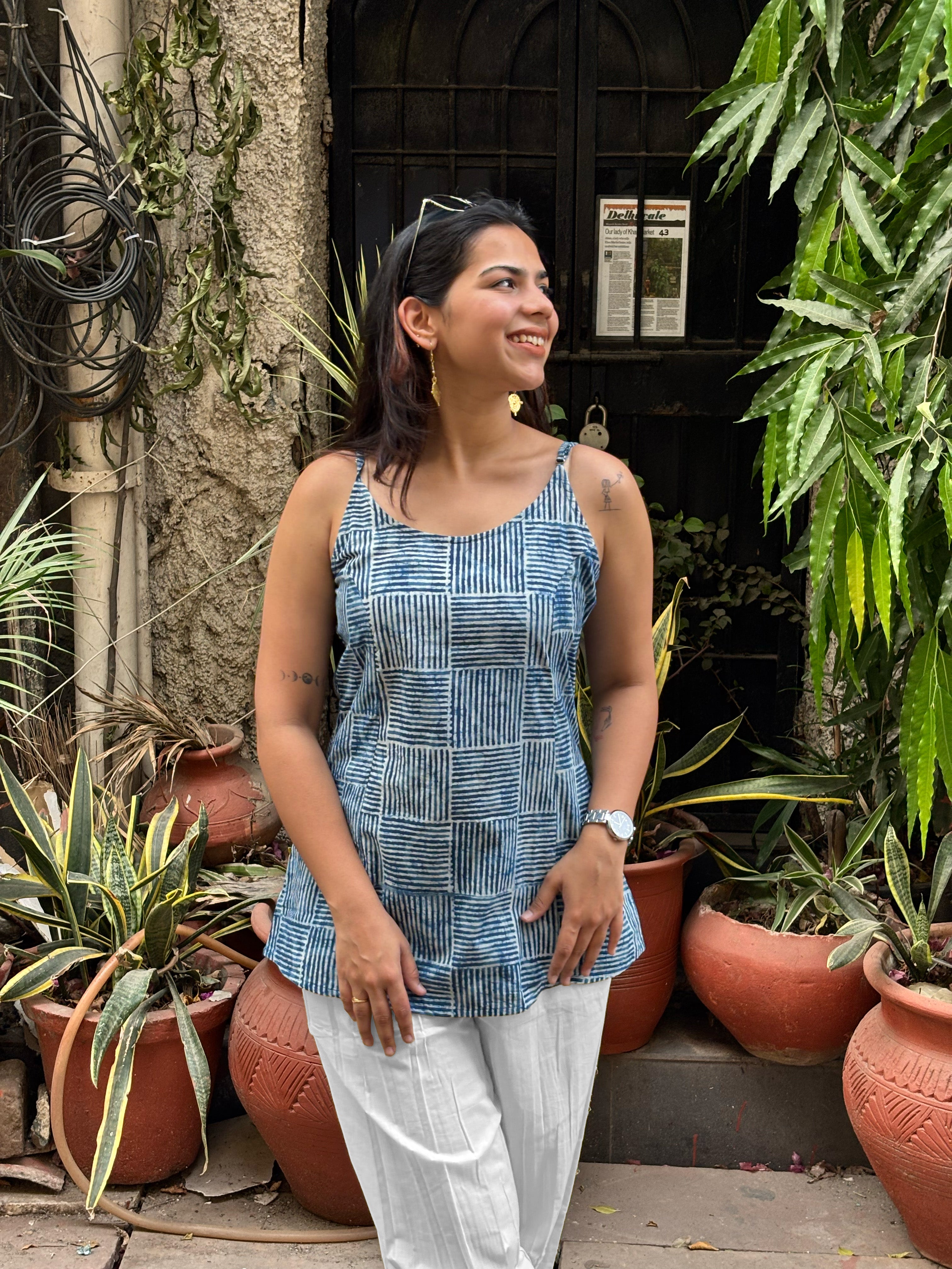 Tarang Indigo Hand Block Print Cotton Double Layer Top