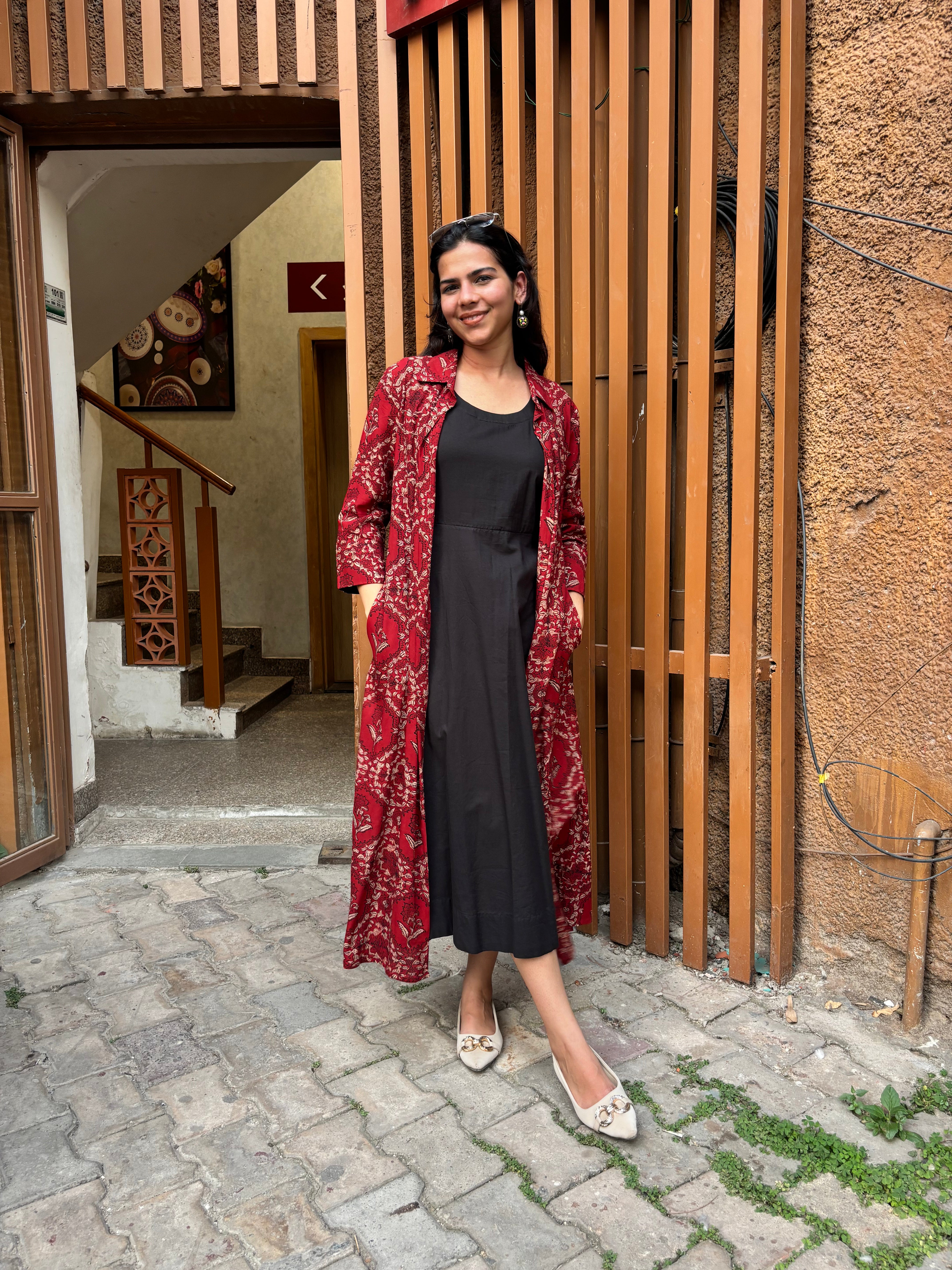 Kalma Kalamkari Block Print Cotton Modal Short Double Layer Dress