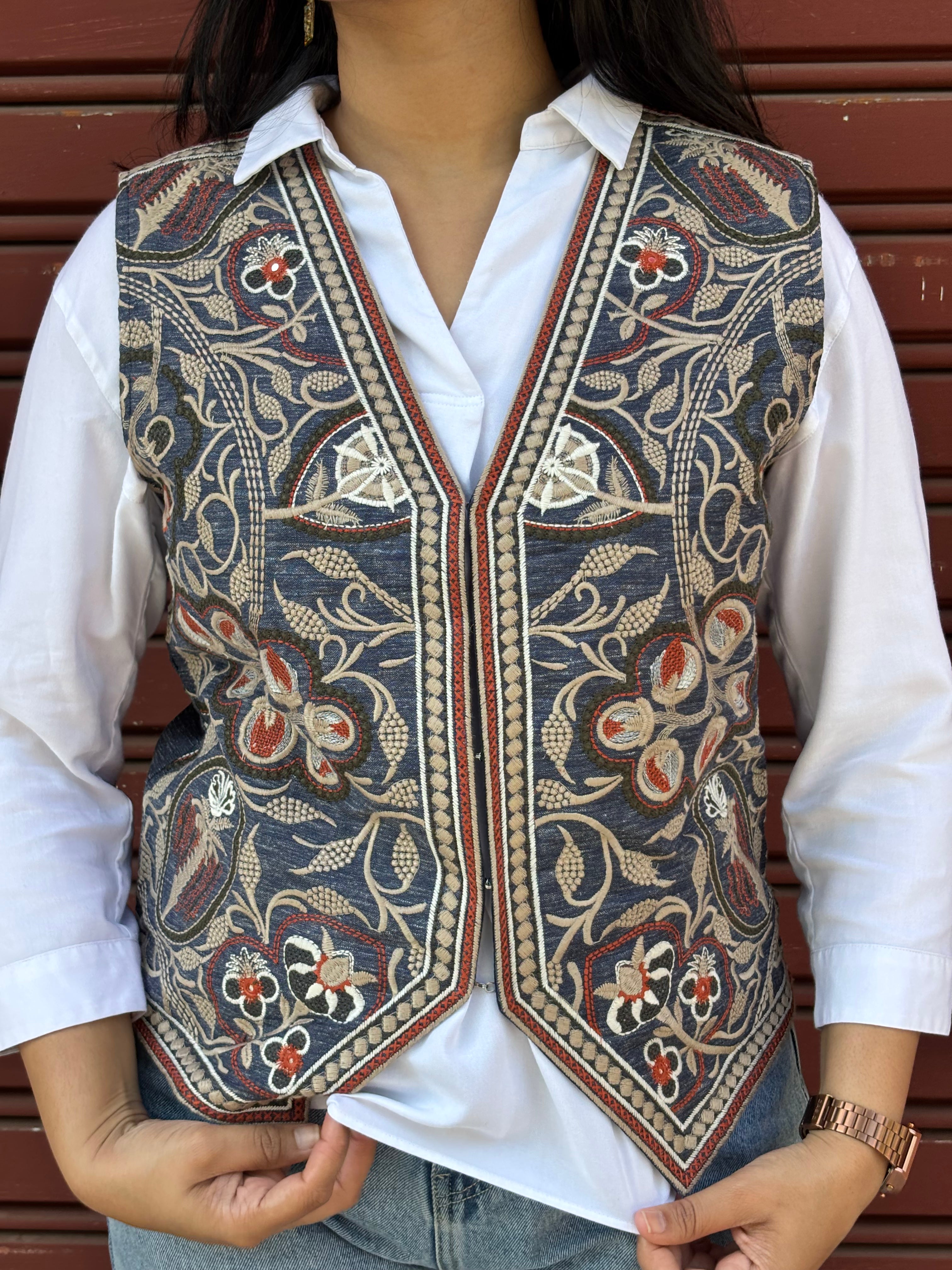 TOJ Art Embroidered Women's Koti- Denim