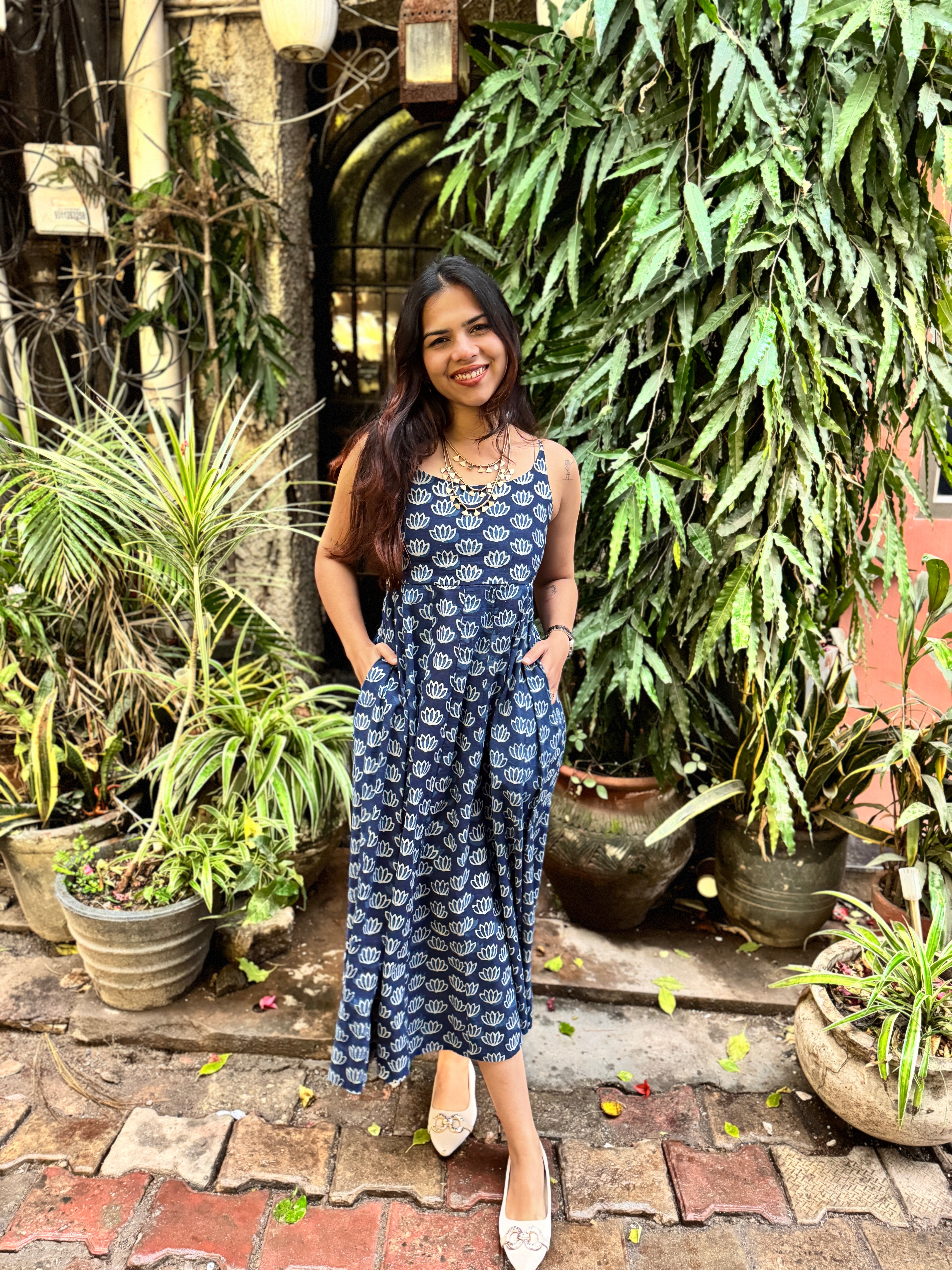 Neel Indigo Hand Block Print Cotton Spaghetti Dress