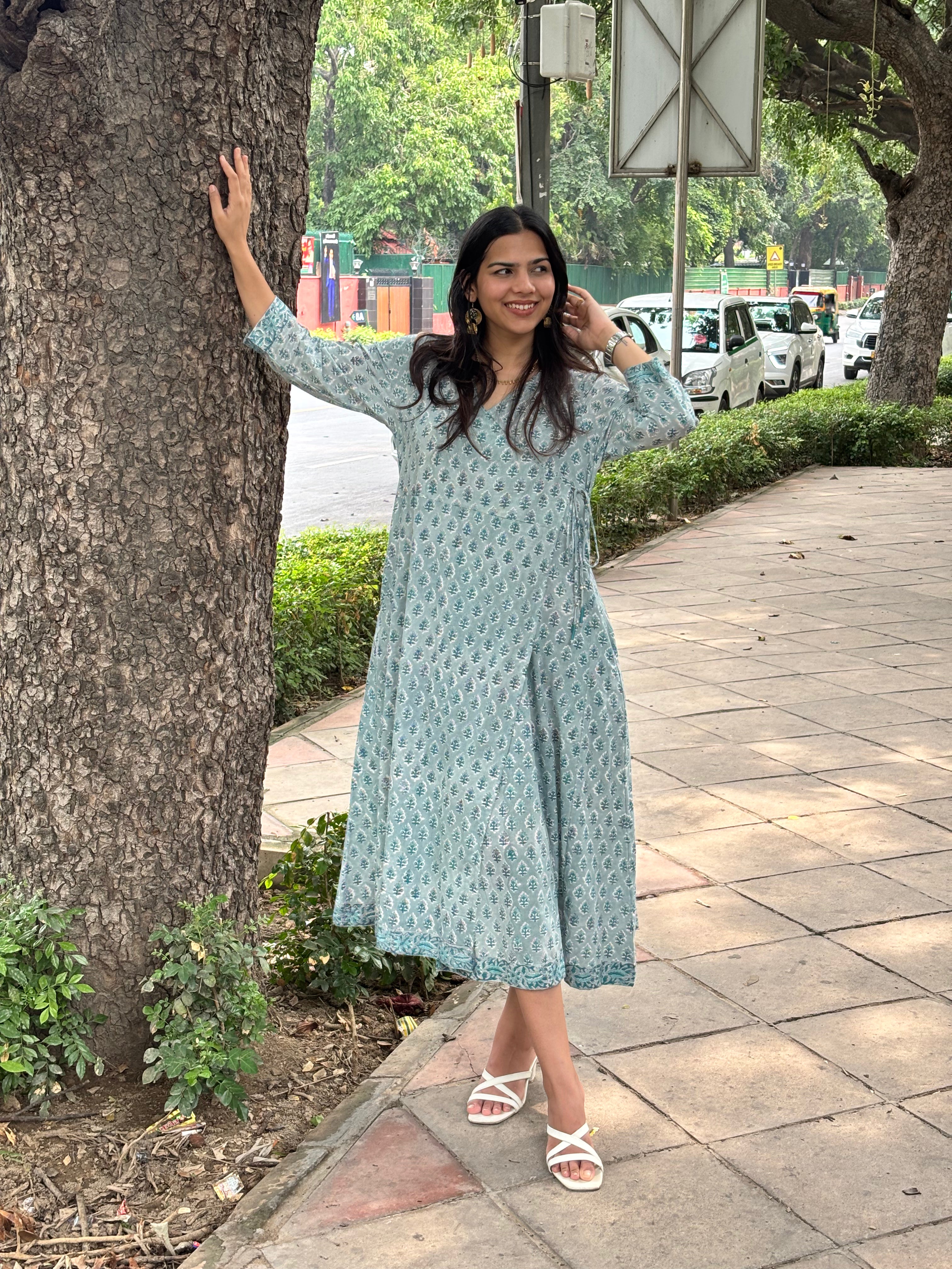 Heena Hand Block Printed Cotton Angrakha Style Kurta