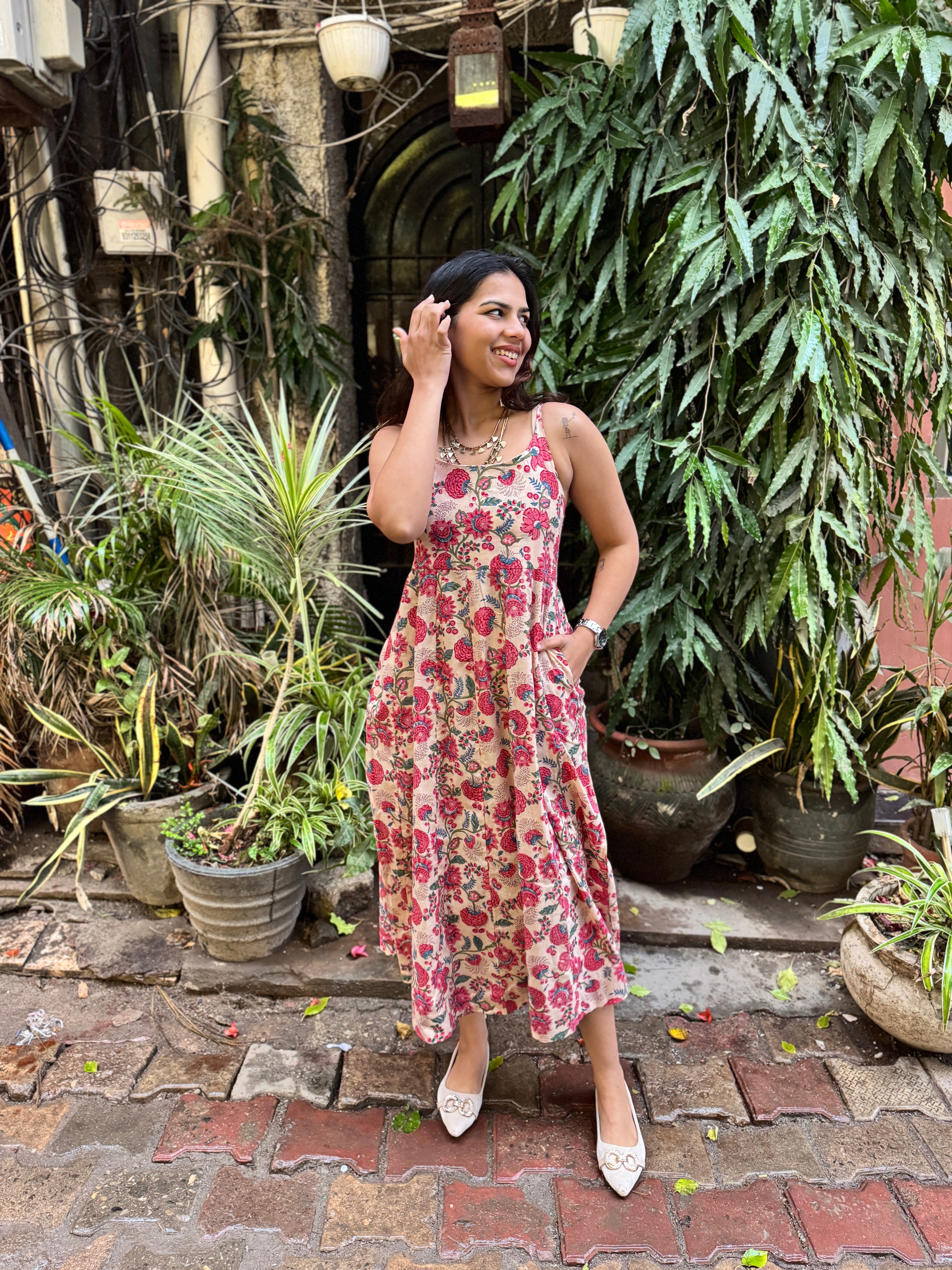 Hannah Hand Block Print Cotton Spaghetti Dress