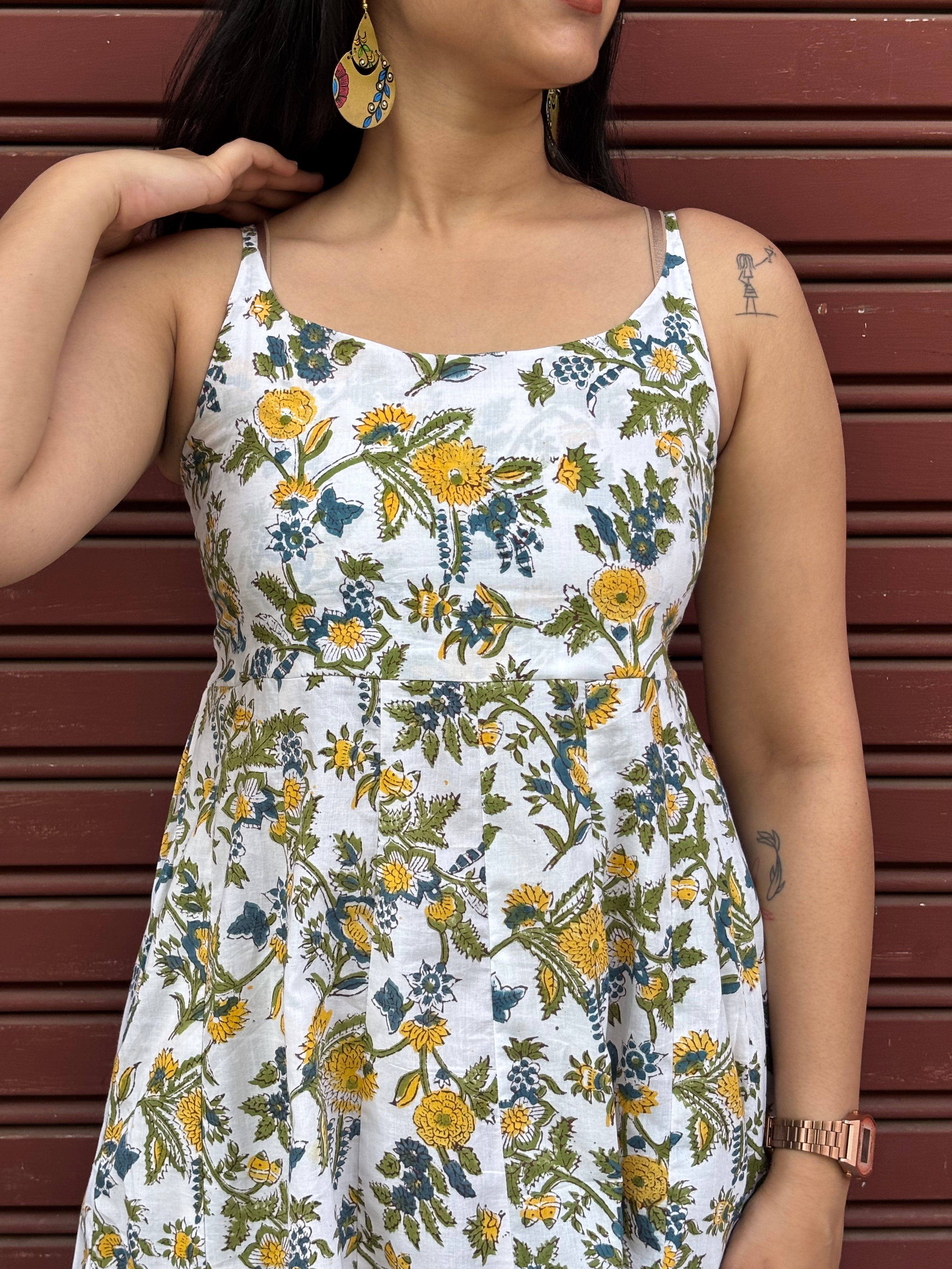 Iyana Hand Block Print Cotton Spaghetti Dress