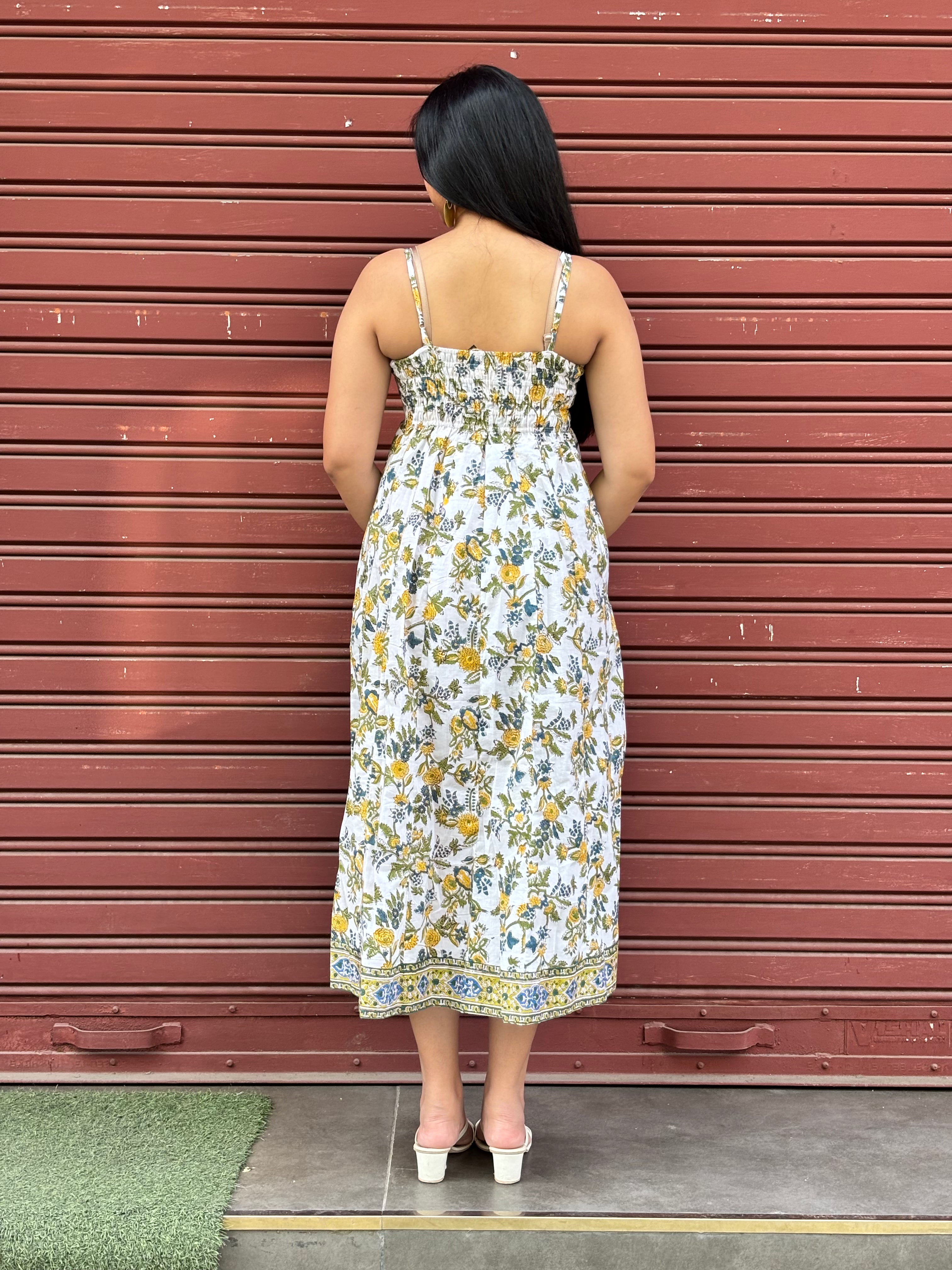 Iyana Hand Block Print Cotton Spaghetti Dress