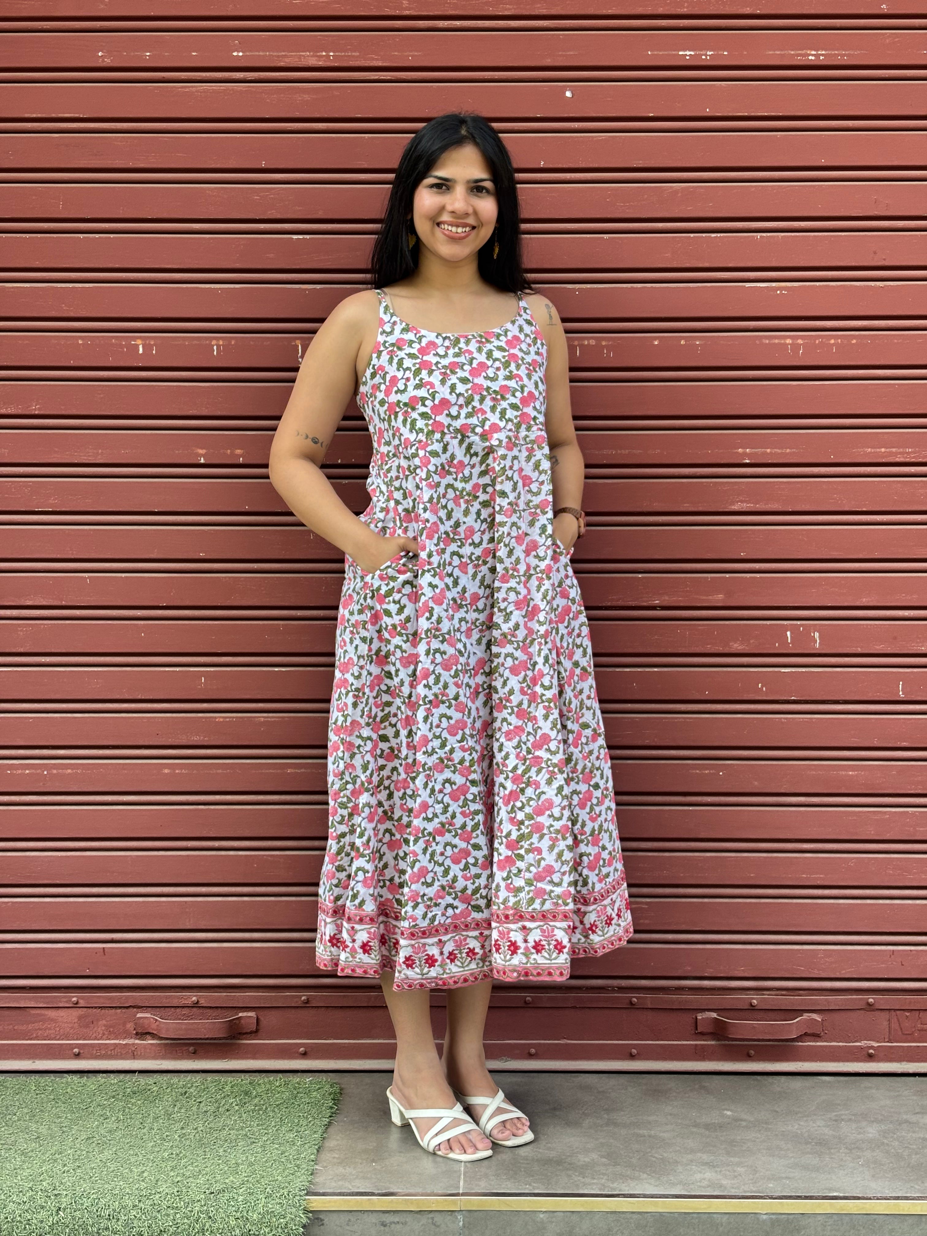 Rosa Hand Block Print Cotton Spaghetti Dress