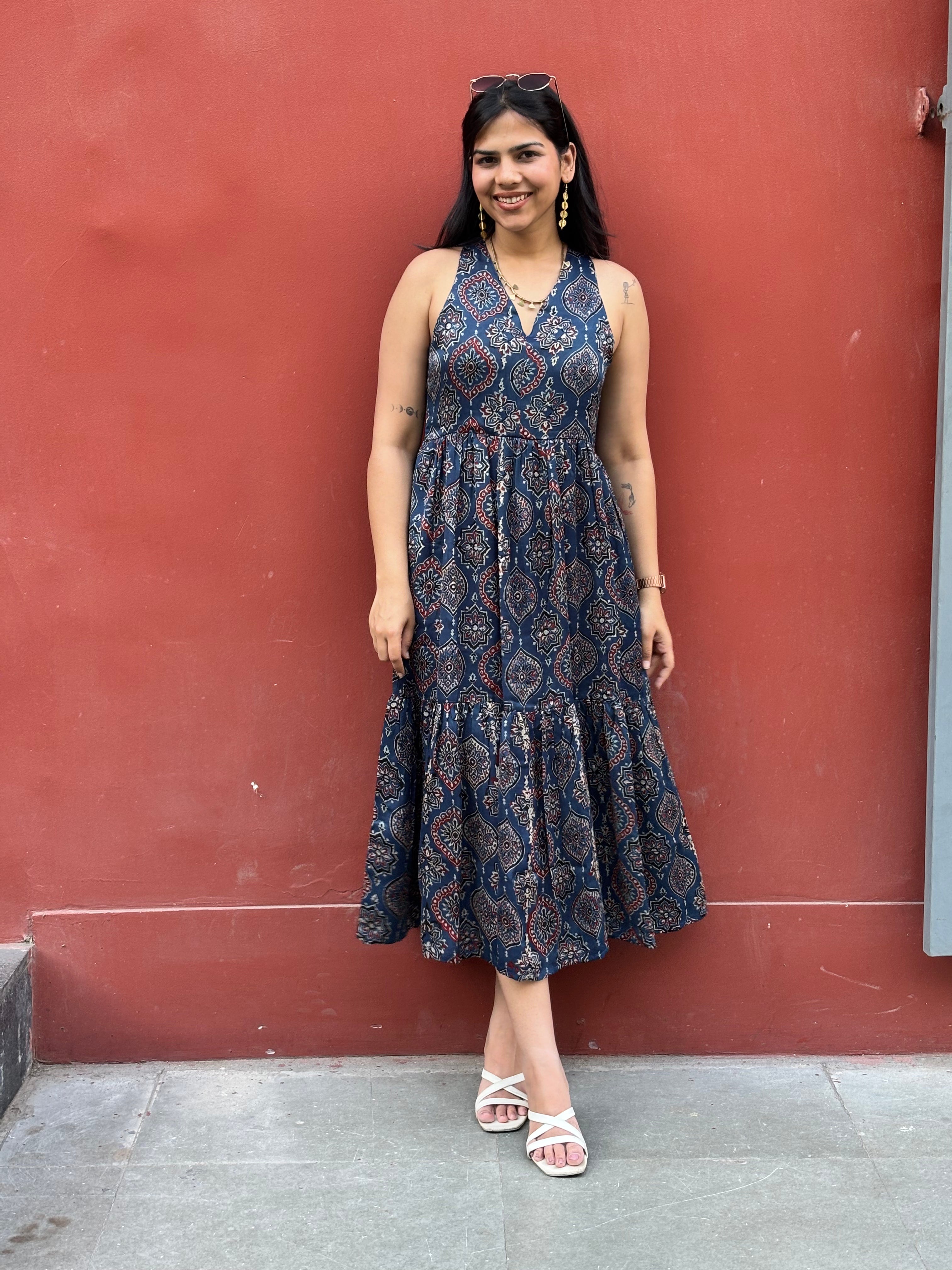 Naila Ajrakh Hand Block Print Modal Silk Halter Neck Dress