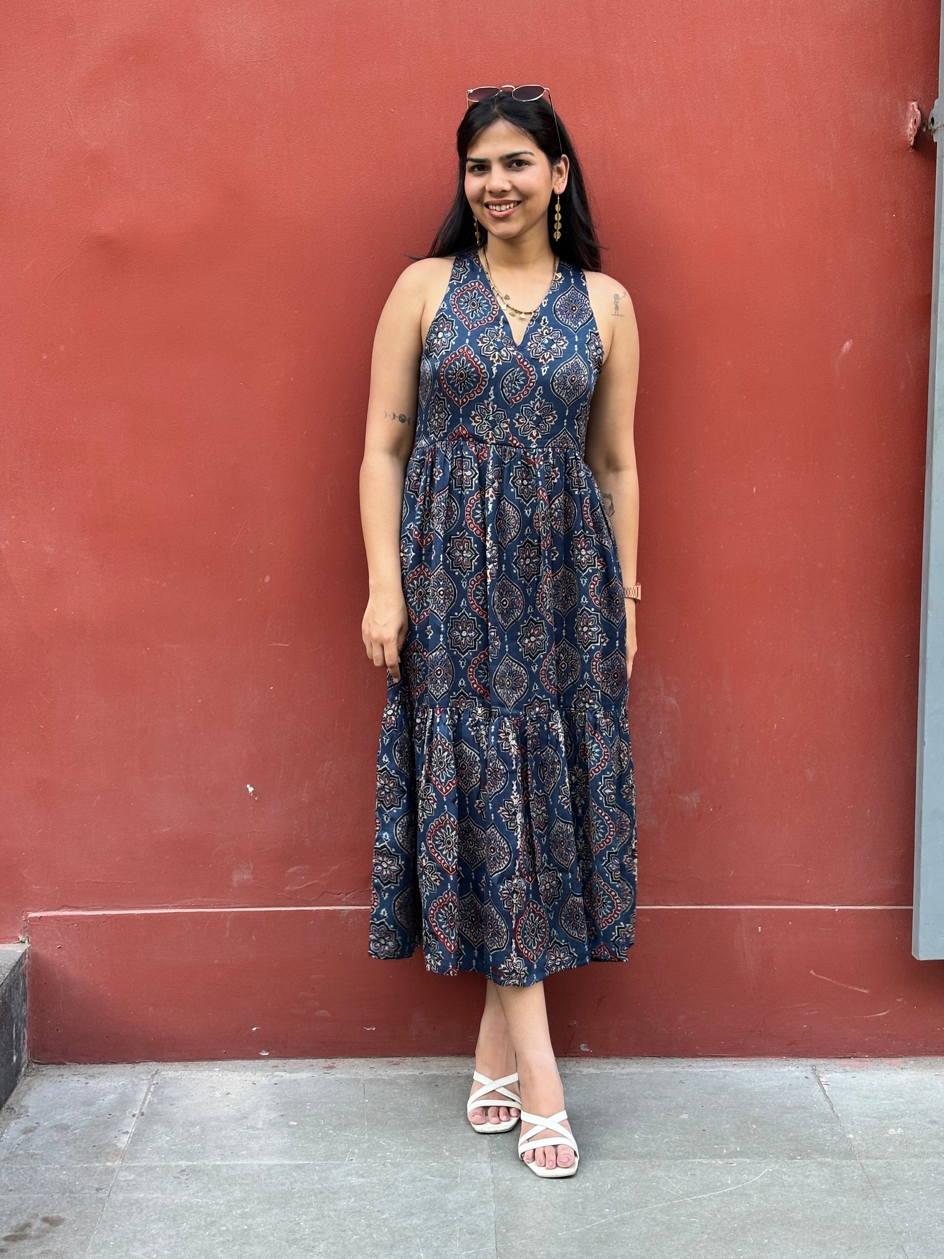 Naila Ajrakh Hand Block Print Modal Silk Halter Neck Dress