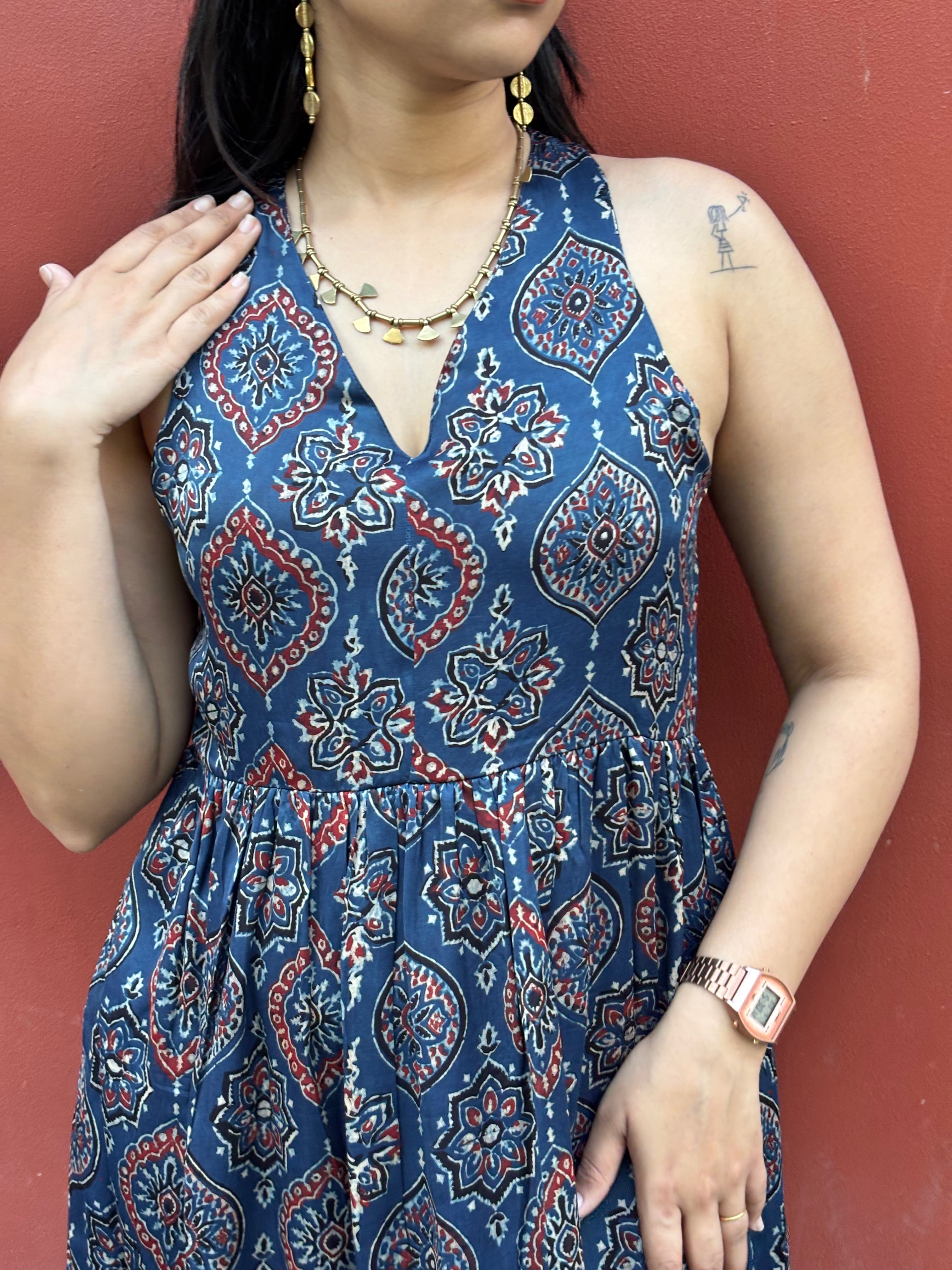 Naila Ajrakh Hand Block Print Modal Silk Halter Neck Dress