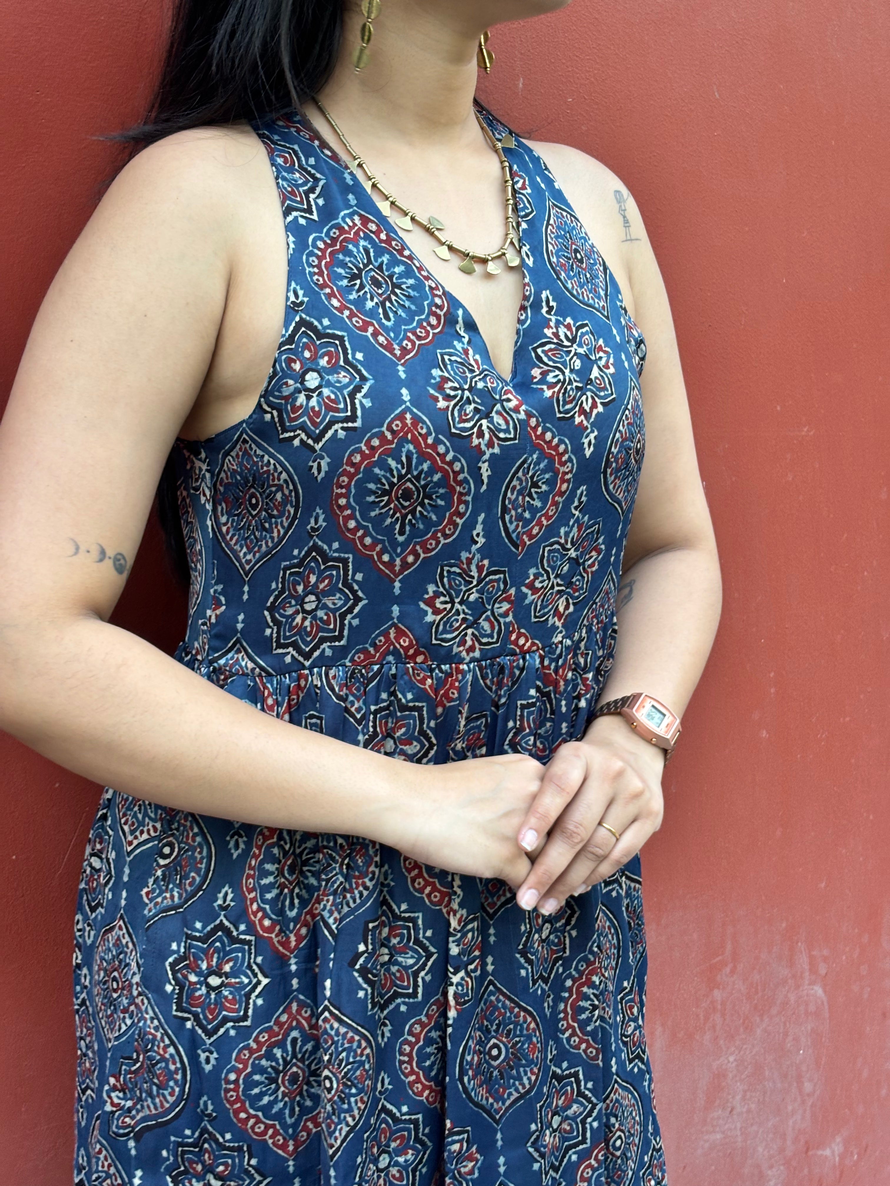 Naila Ajrakh Hand Block Print Modal Silk Halter Neck Dress