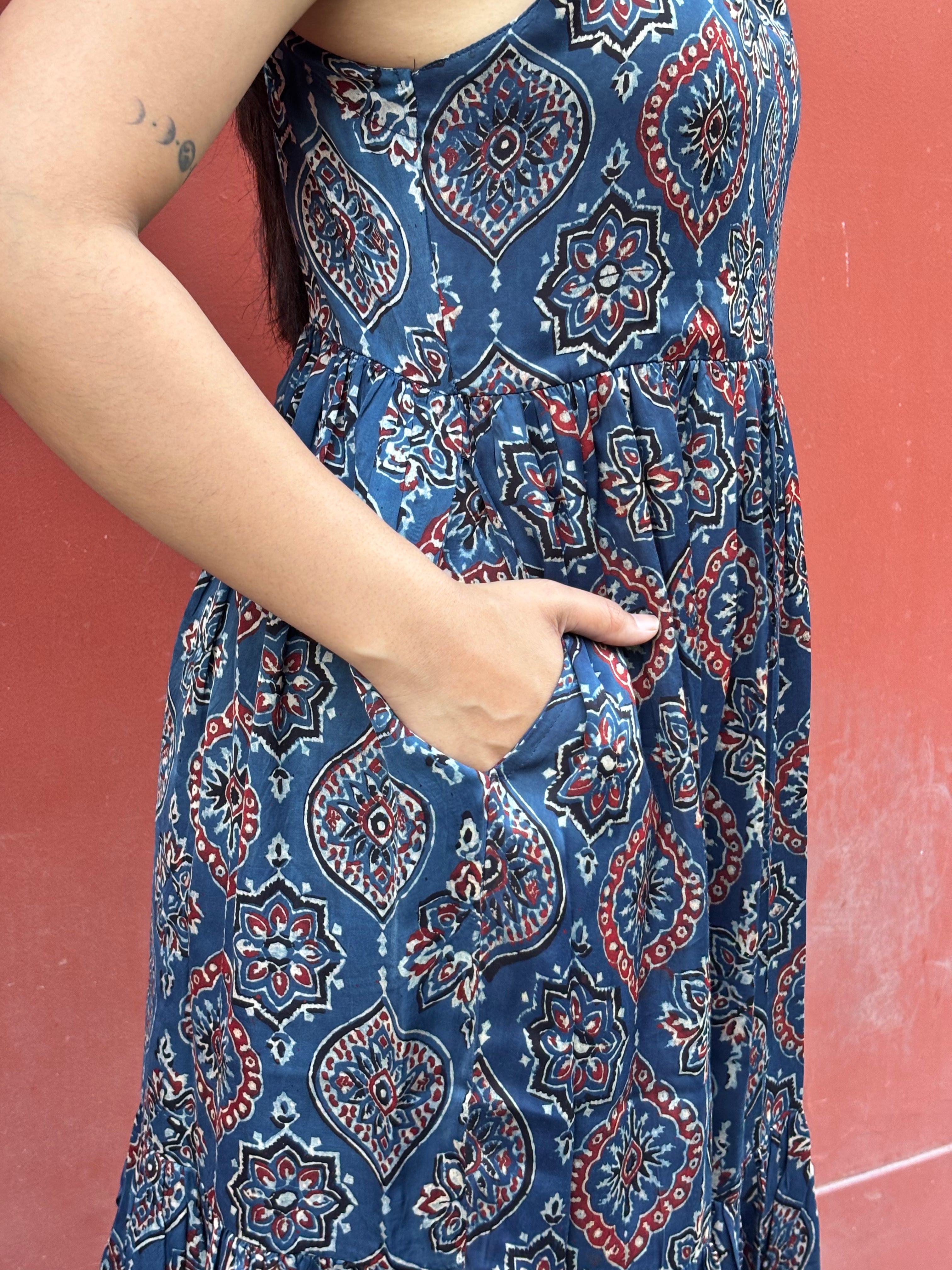 Naila Ajrakh Hand Block Print Modal Silk Halter Neck Dress