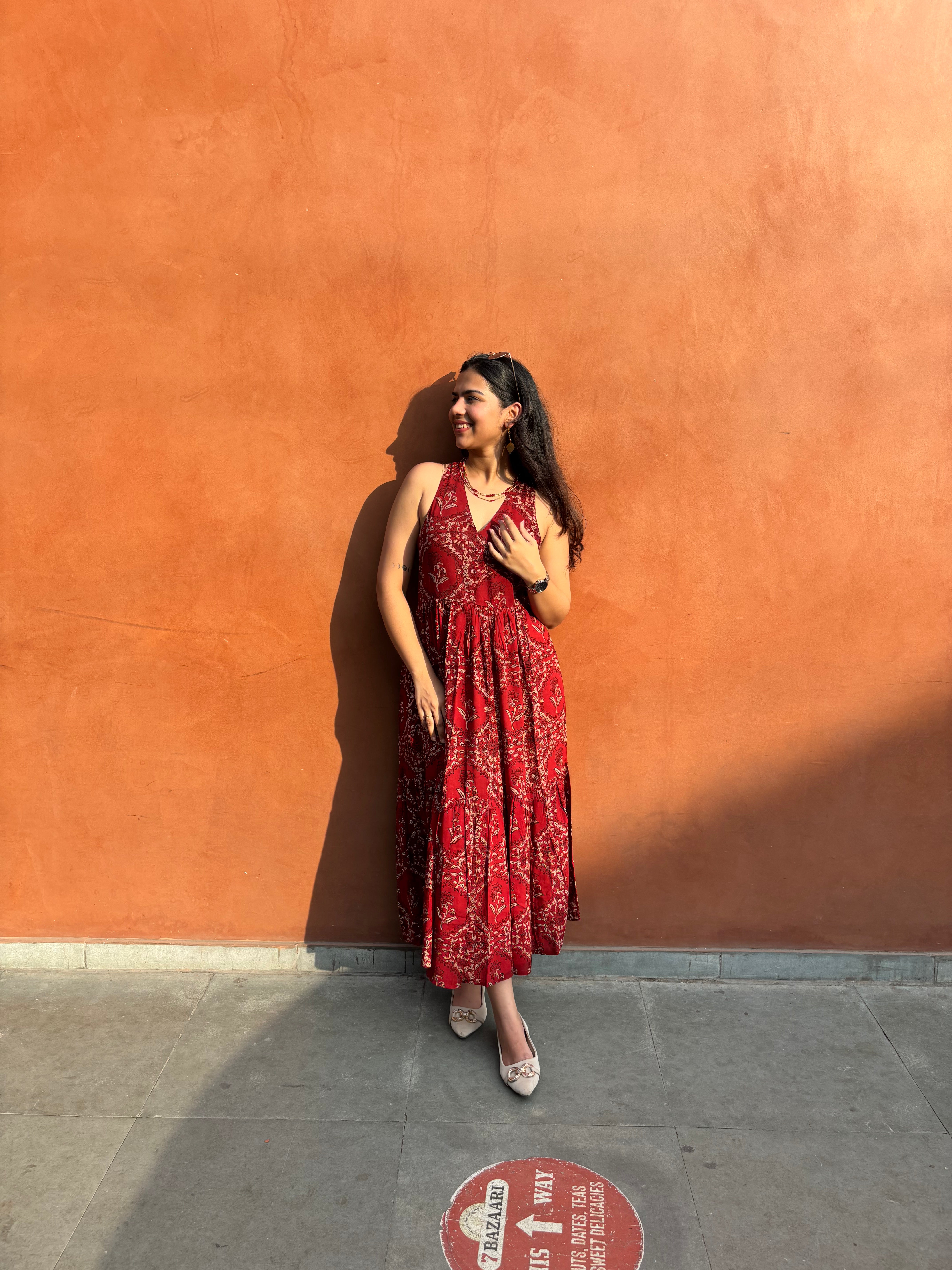 Kalma Kalamkari Block Print Cotton Modal Halter Neck Dress