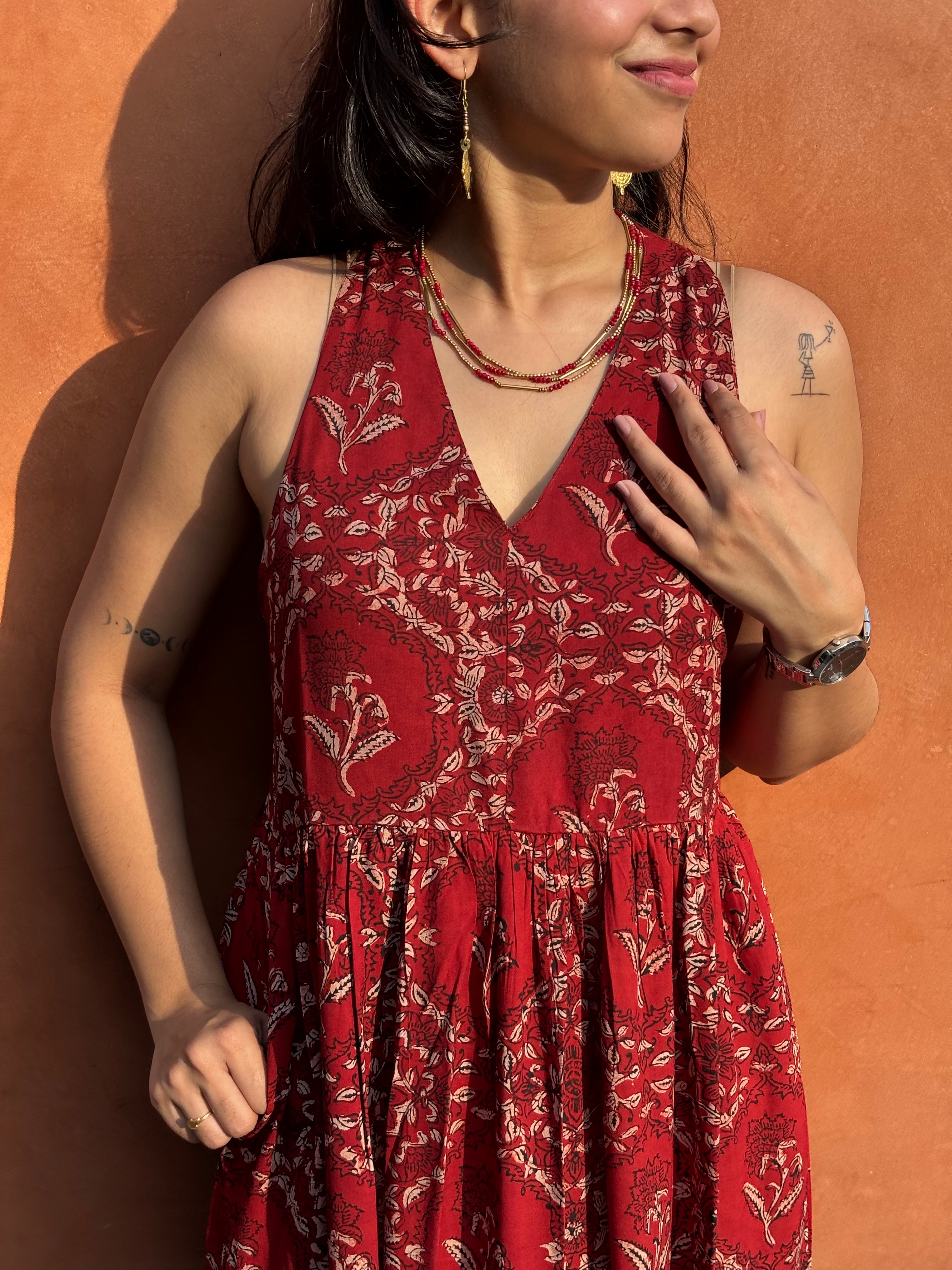 Kalma Kalamkari Block Print Cotton Modal Halter Neck Dress