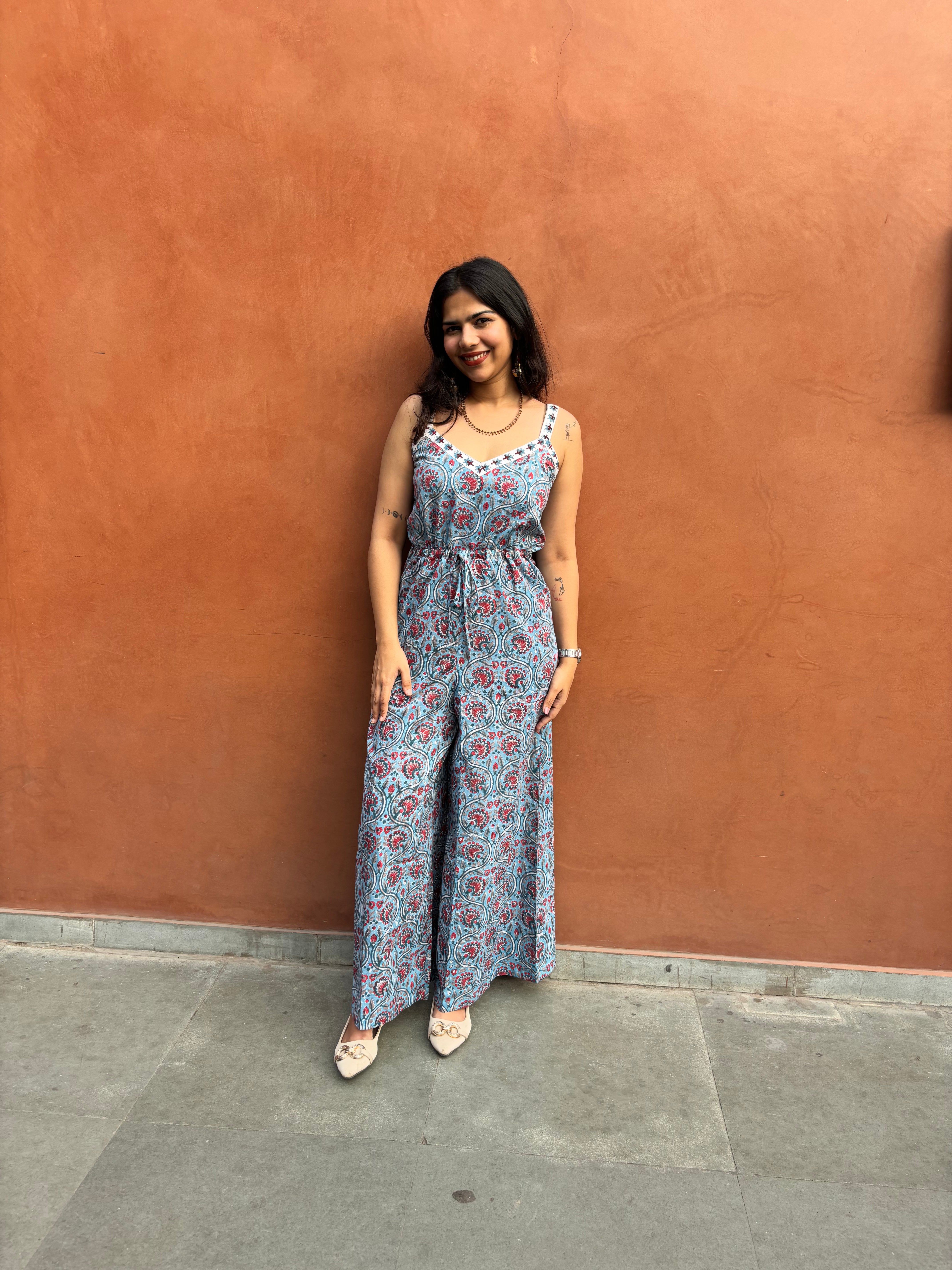 Taraash Hand Block Print Cotton Sleeveless Jumpsuit