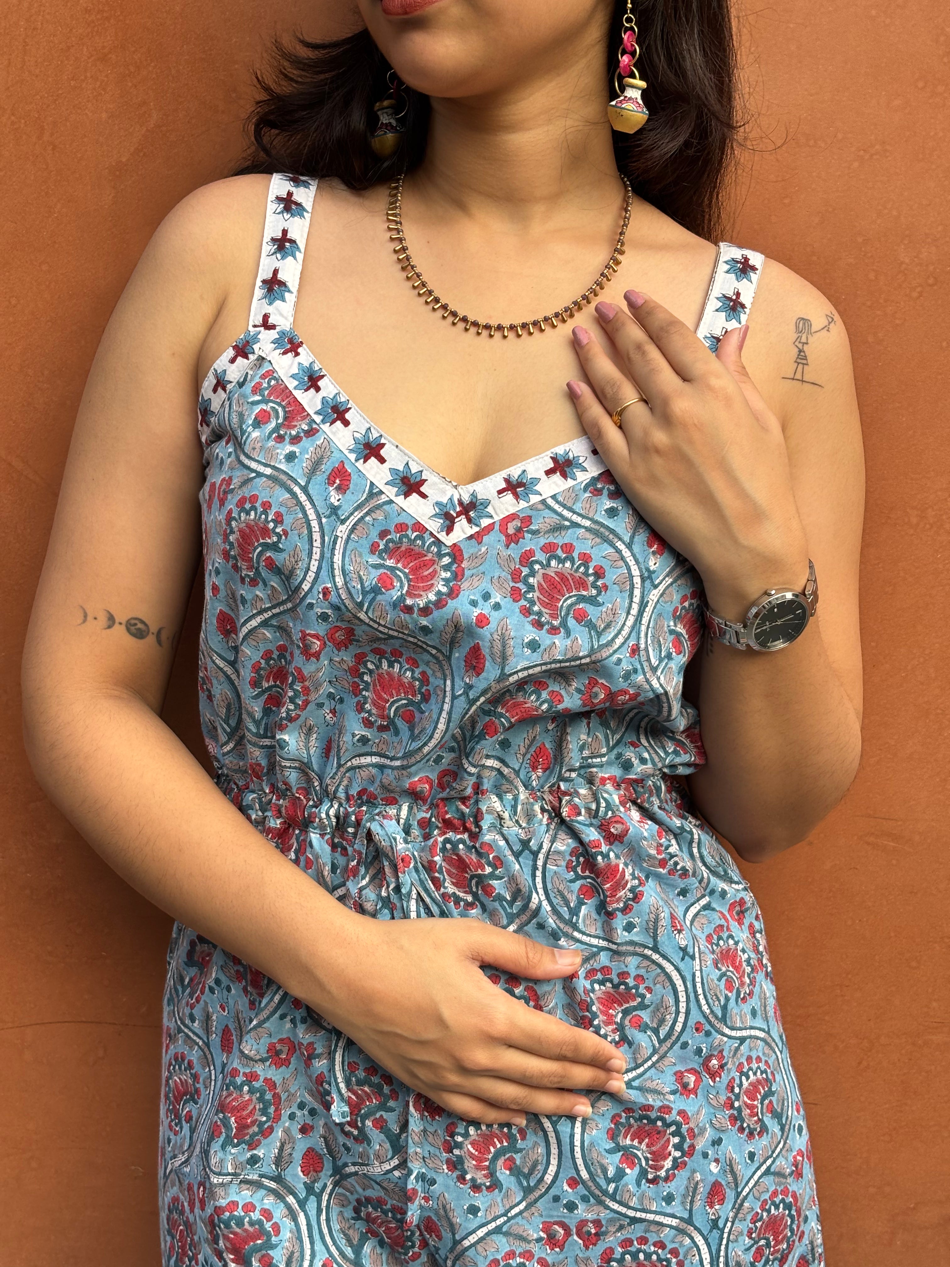 Taraash Hand Block Print Cotton Sleeveless Jumpsuit