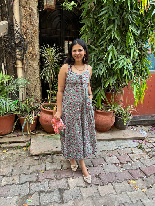 Rehbar Hand Block Print Cotton Spaghetti Dress