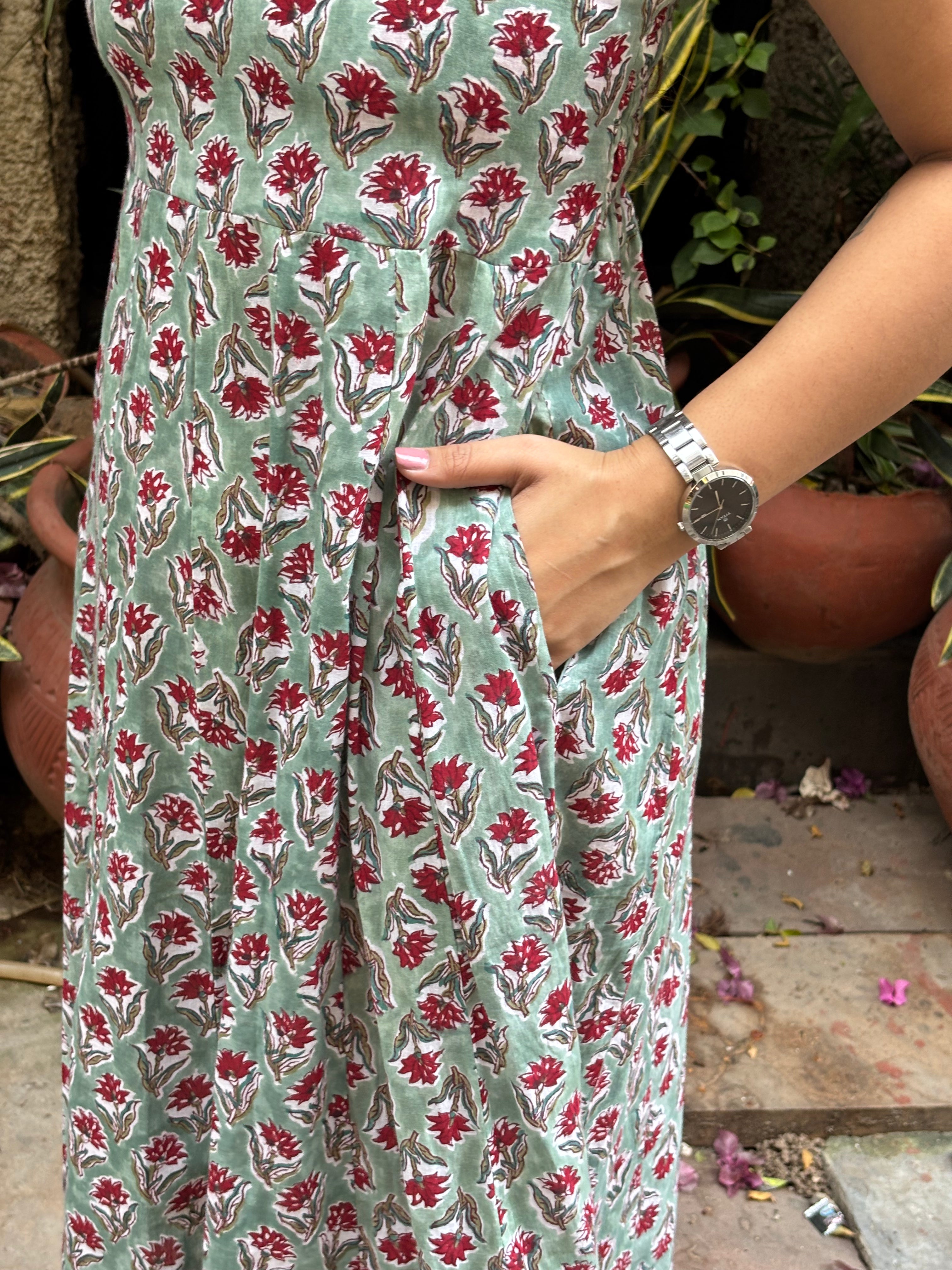 Rehbar Hand Block Print Cotton Spaghetti Dress