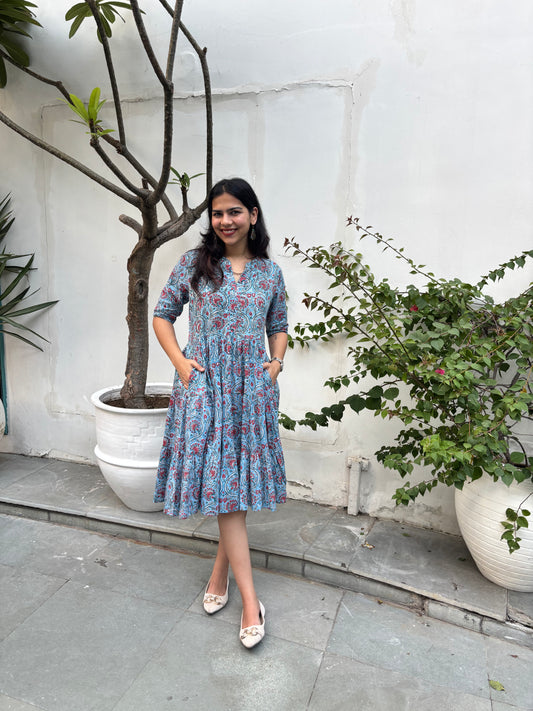 Taraash Hand Block Print Cotton Flare Dress