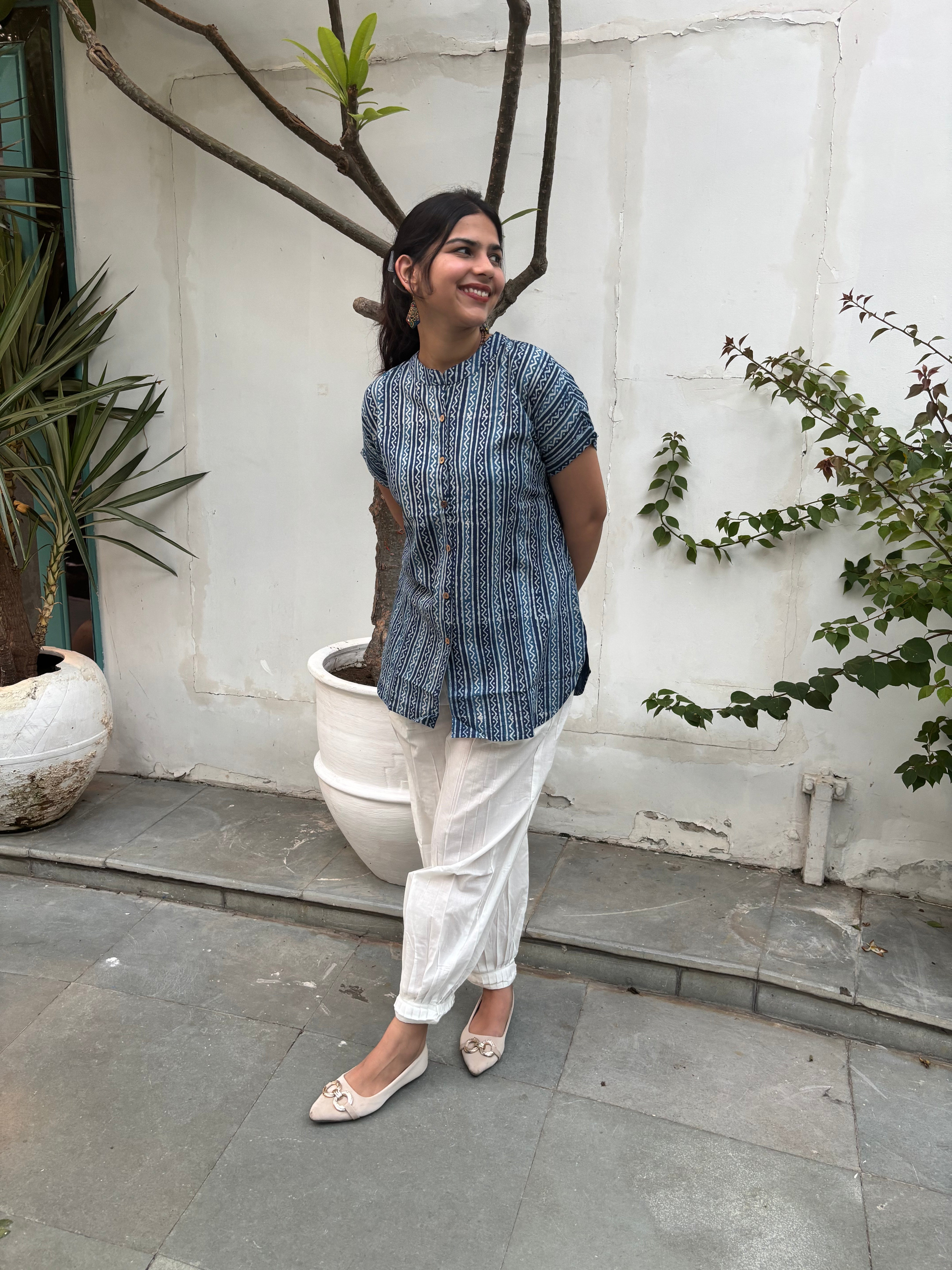 Nilah Indigo Hand Block Print Cotton Shirt