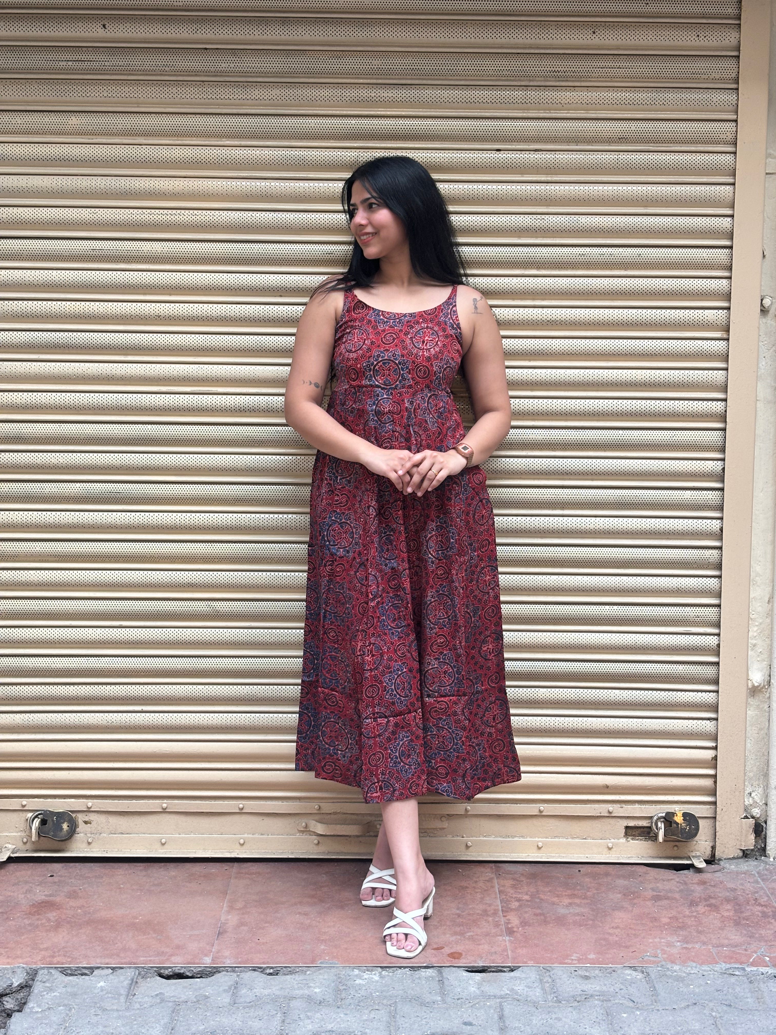 Karvi Ajrakh Hand Block Print Modal Silk Spaghetti Dress