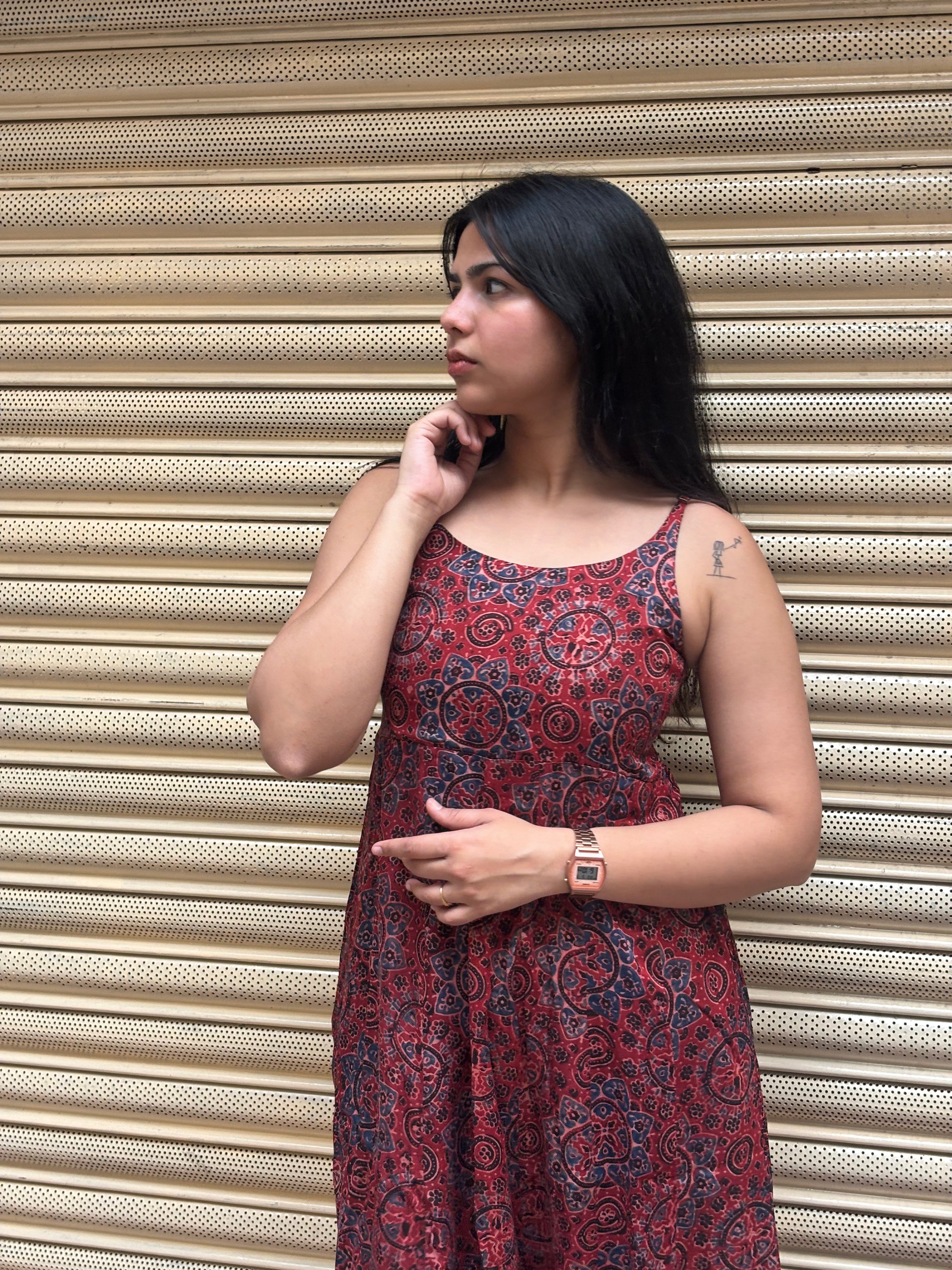 Karvi Ajrakh Hand Block Print Modal Silk Spaghetti Dress