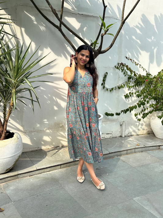 Trusha Hand Block Printed Cotton Halter Neck Dress