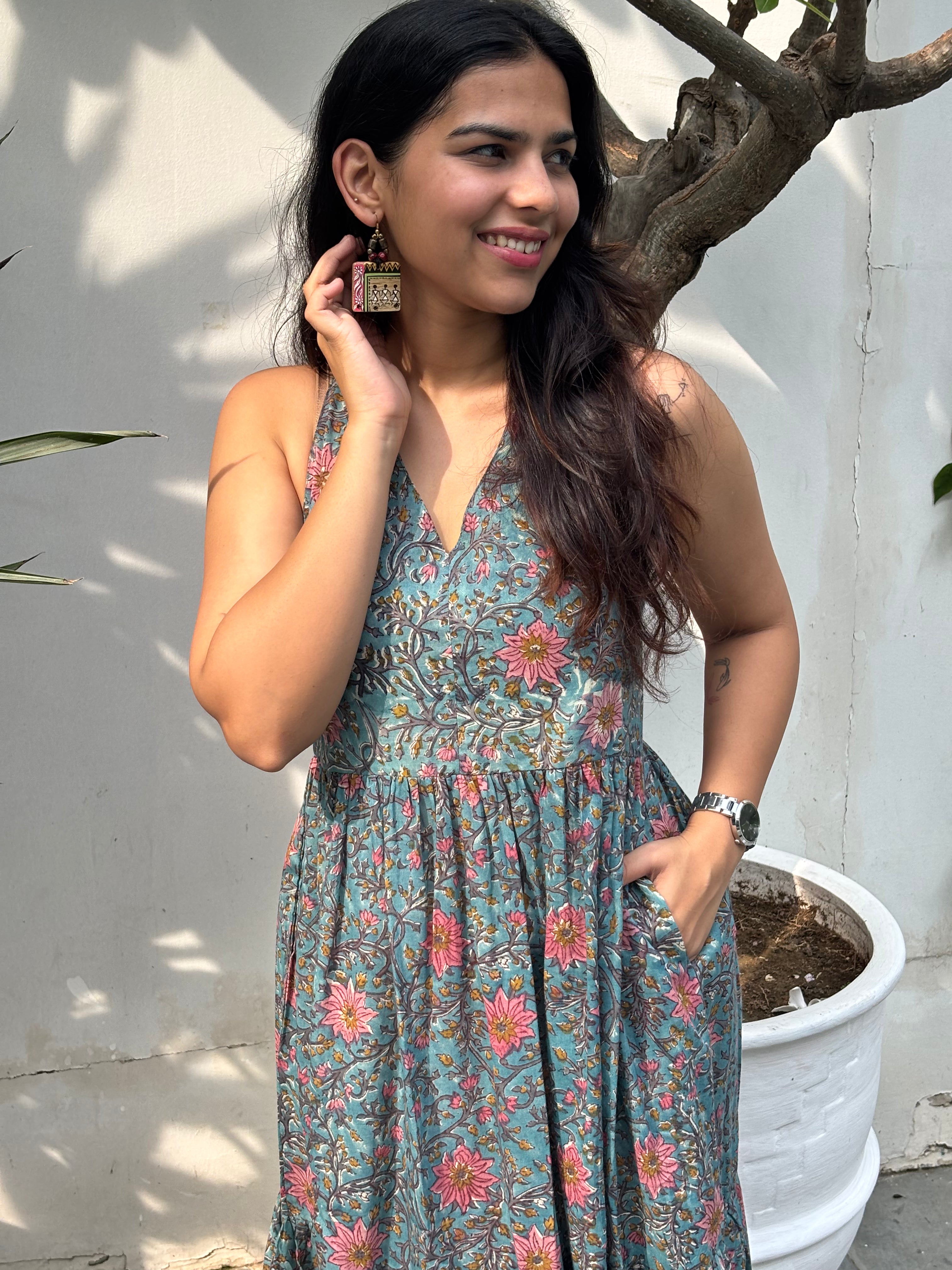 Trusha Hand Block Printed Cotton Halter Neck Dress