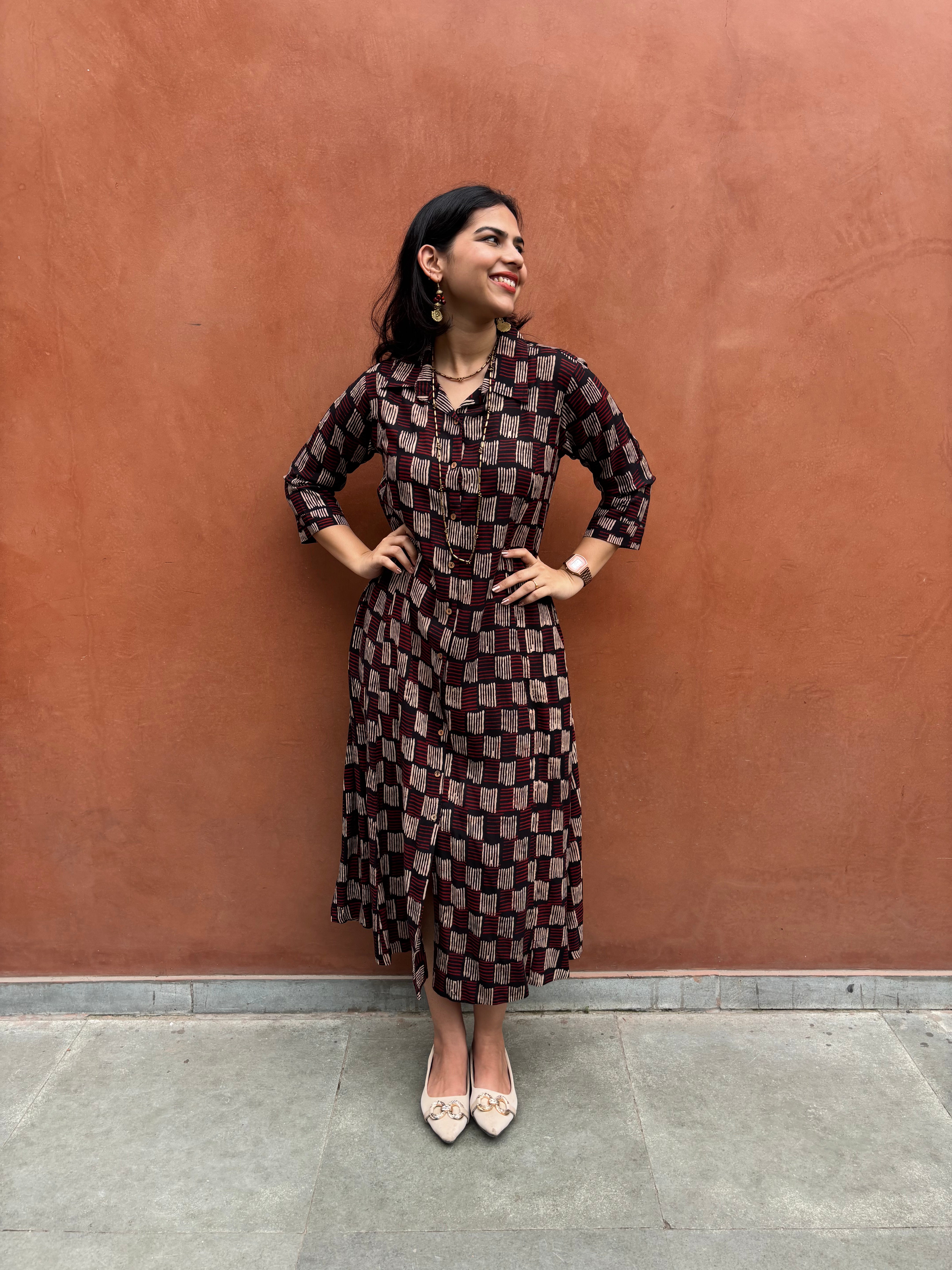 Zivah Ajrakh Hand Block Print Cotton Modal Collar A-Line Dress