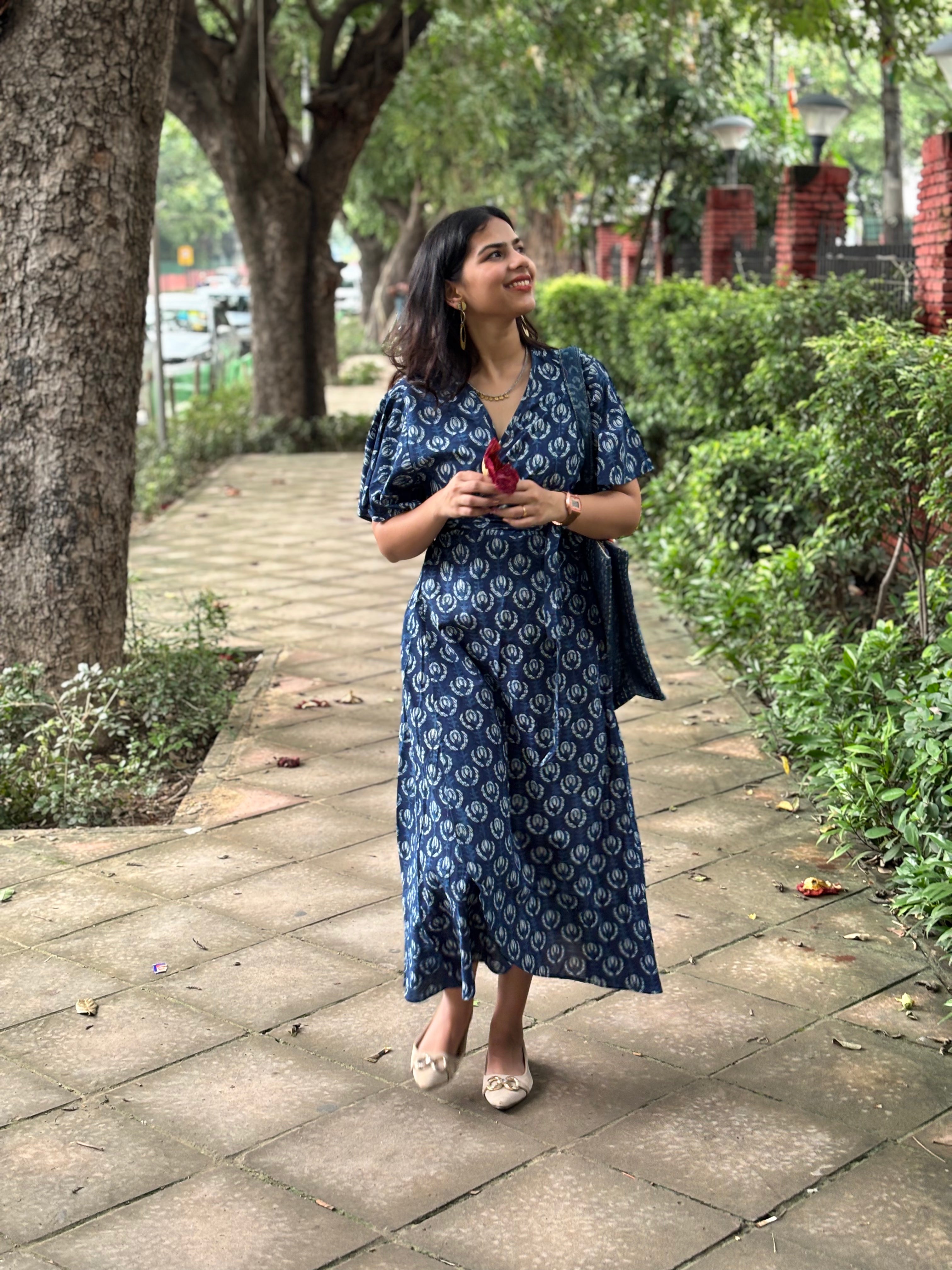 Kimaya Indigo Hand Block Print Cotton Wrap Around Dress