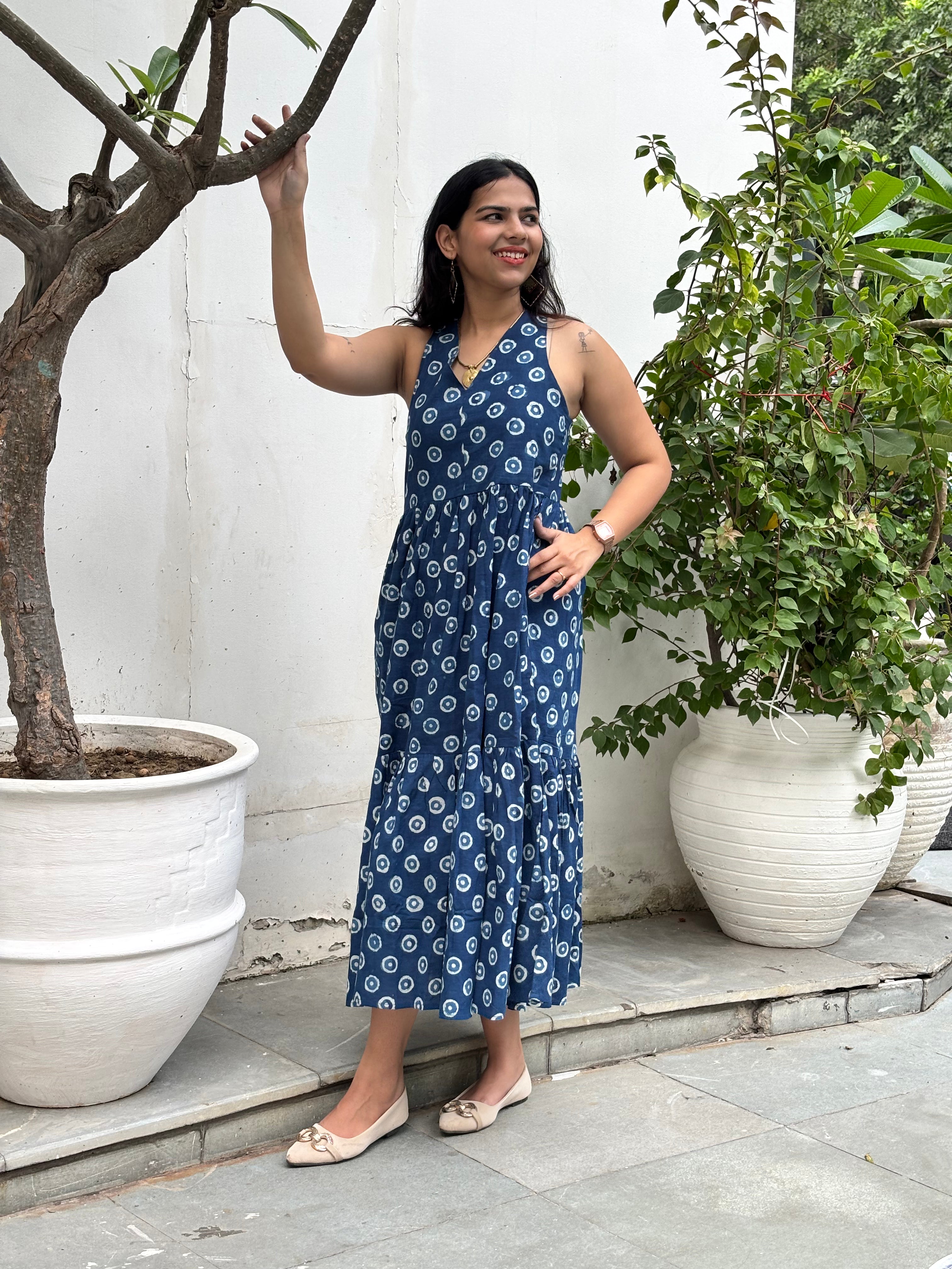 Tashi Indigo Hand Block Print Cotton Halter Neck Dress